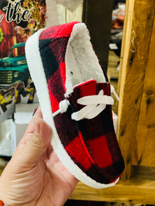 Kids Talk Plaid To Me Gyspy Jazz Red Buffalo Plaid Slip On Shoes