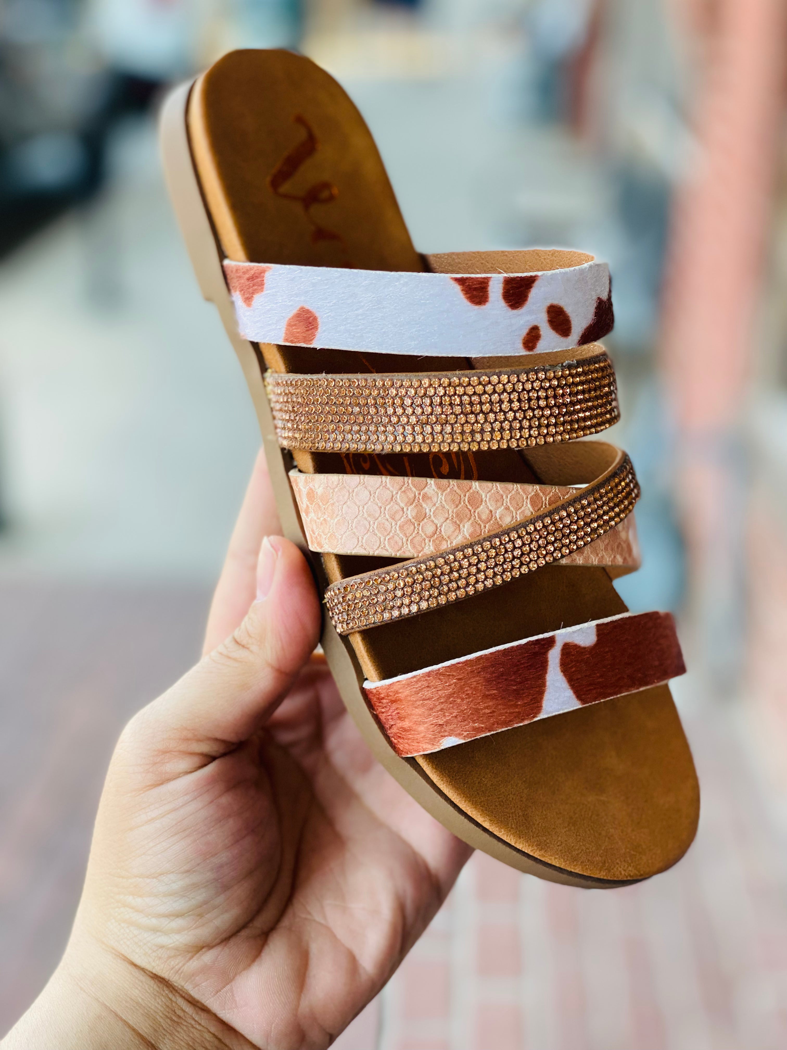 Very G Ginger 3 Brown & Cream Cow Print Multi Strap Sandals