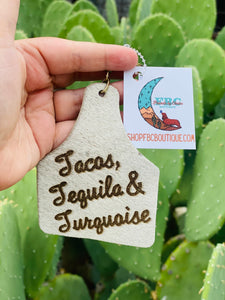 Tacos, Tequila & Turquoise Cream Cowhide Branded Leather Tag Keychain