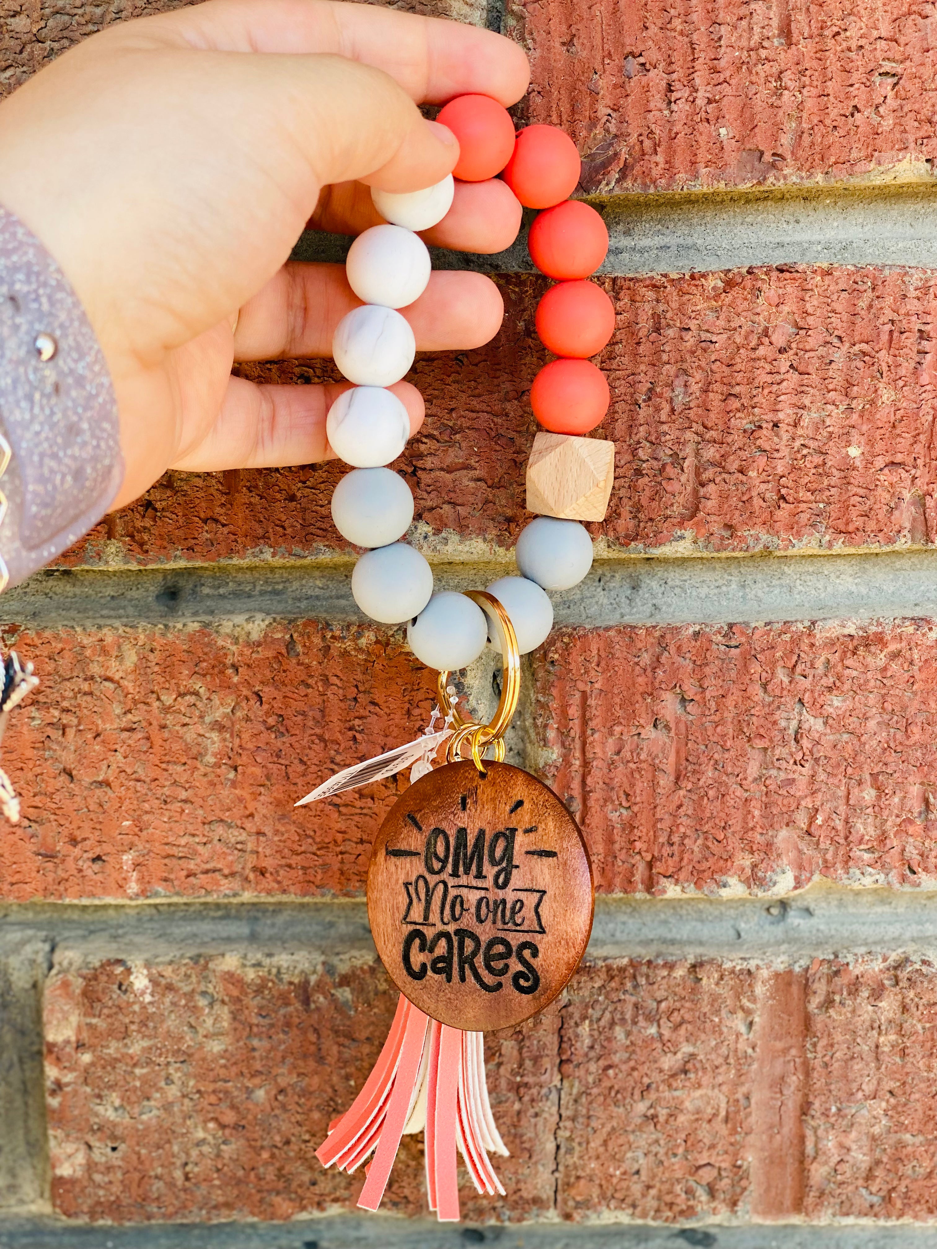 OMG No One Cares Coral & Marble Tassel Keychain Wristlet