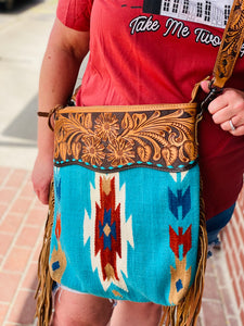 Teal Me Not Tooled Genuine Leather  Saddle Blanket American Darling Crossbody Bag