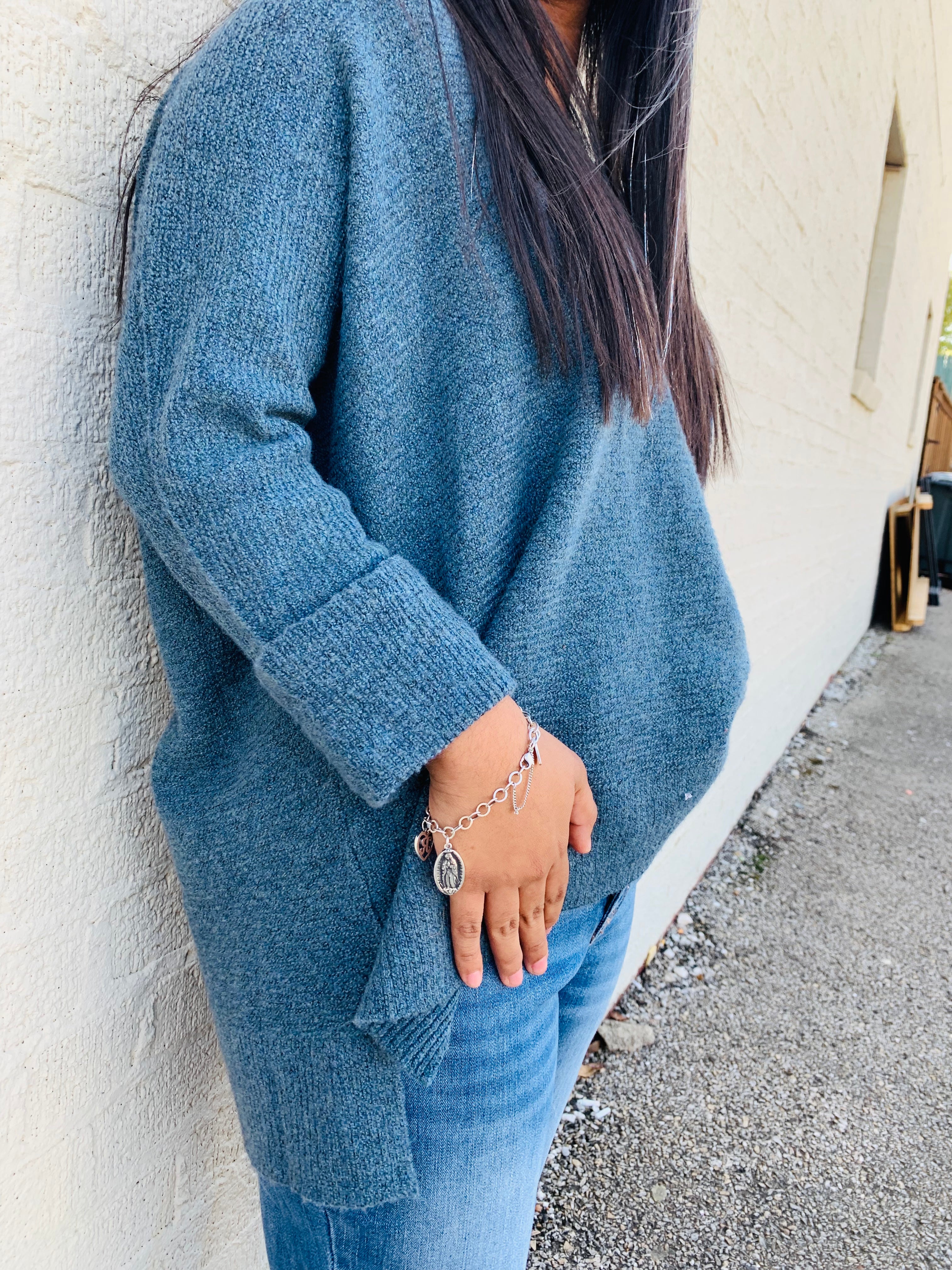 Running A Little Late Teal Oversized Sweater Top