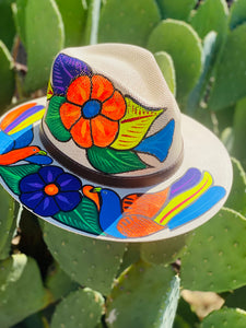 Colorful Birds With Orange Flower Hand Painted Hat