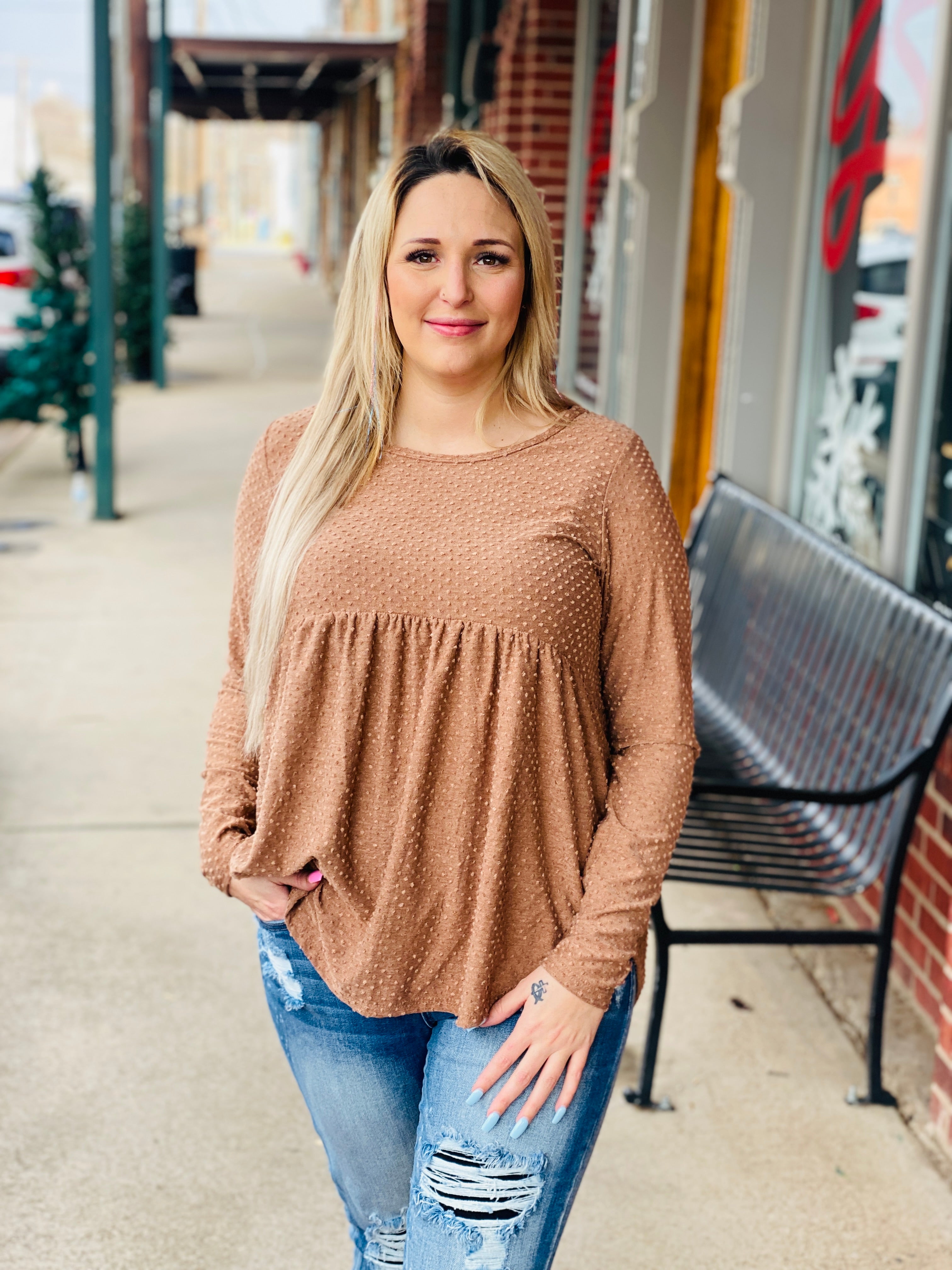 Irresistible Moments Baby Doll Swiss Dot Long Sleeve Cocoa Thumbhole Top