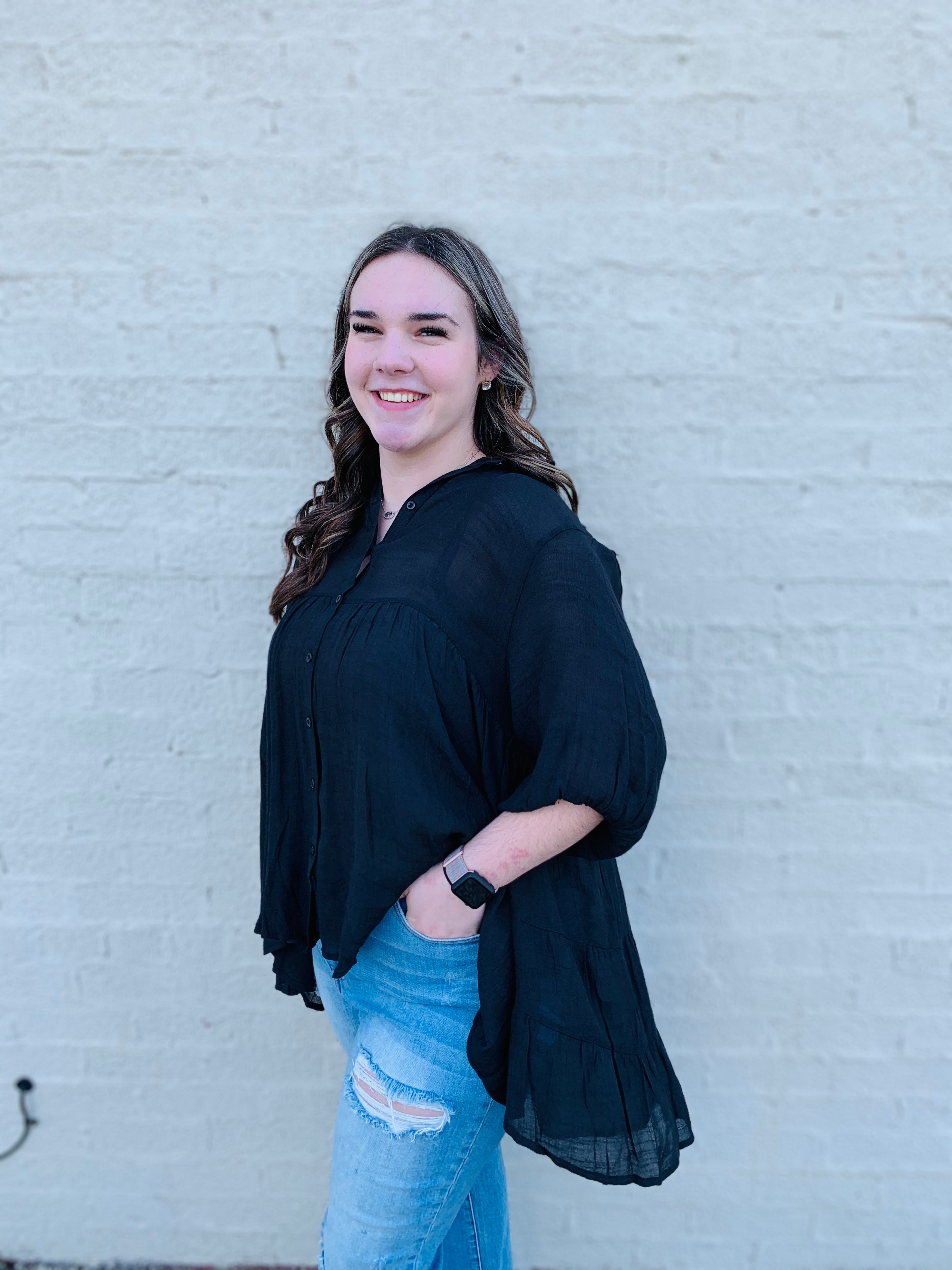 Staying Past Midnight Button Down Oversized Top