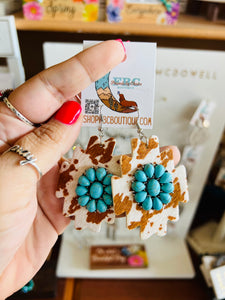 Just The Way Cow Print Turquoise Concho Dangle Earrings