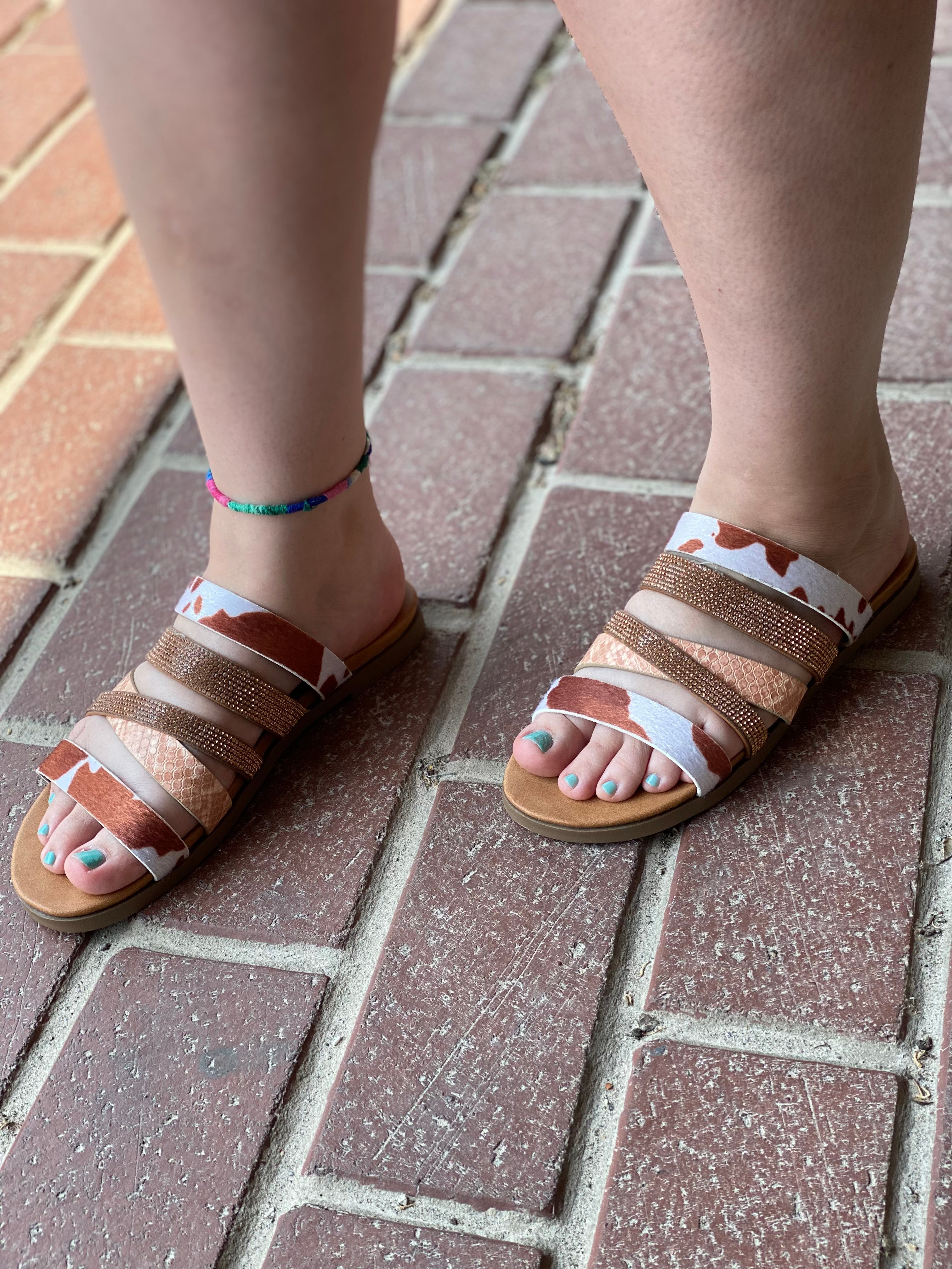 Very G Ginger 3 Brown & Cream Cow Print Multi Strap Sandals