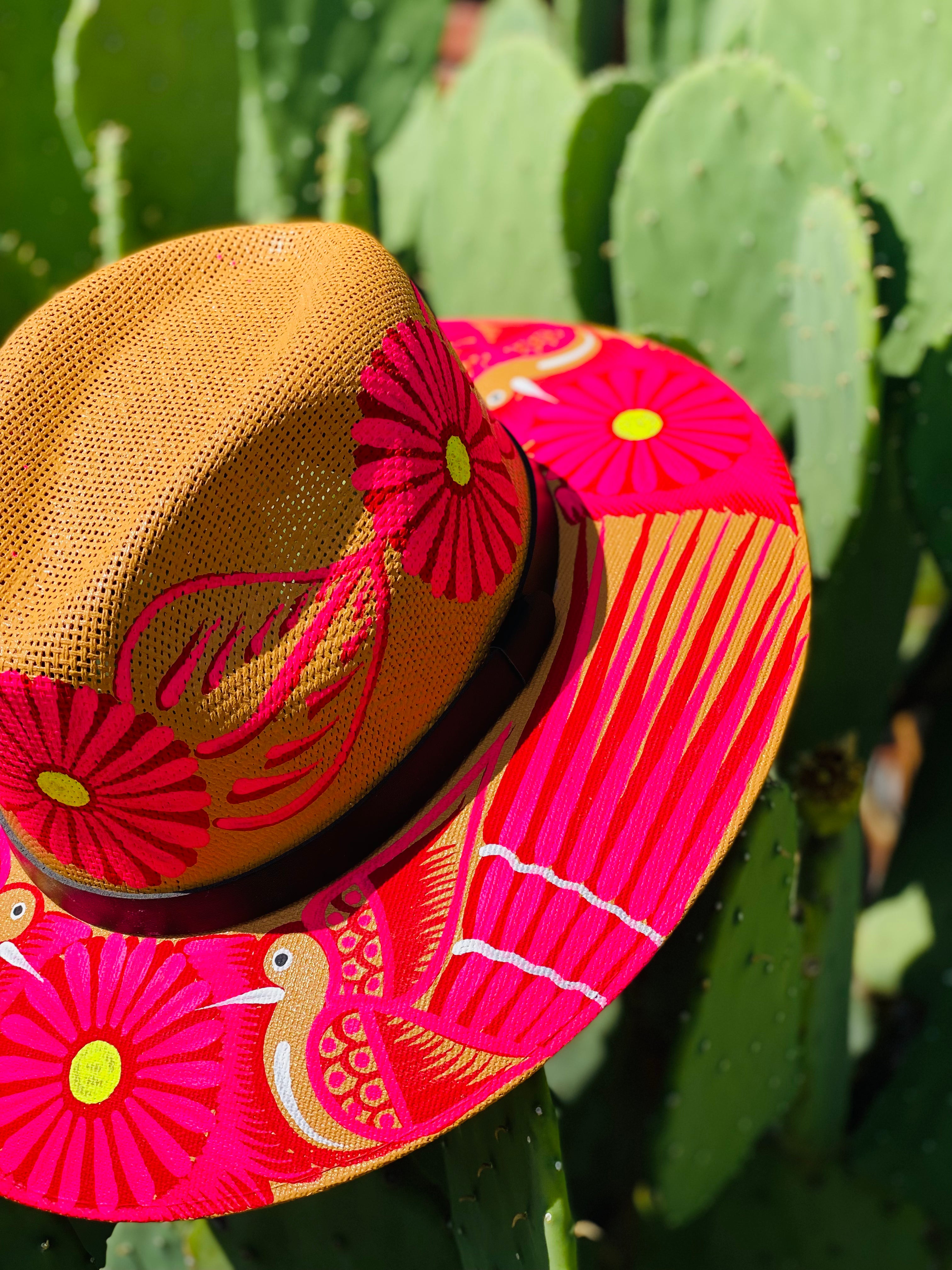 Hot Pink Birds & Flowers Tan Hand Painted Hat