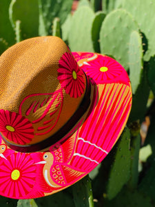 Hot Pink Birds & Flowers Tan Hand Painted Hat