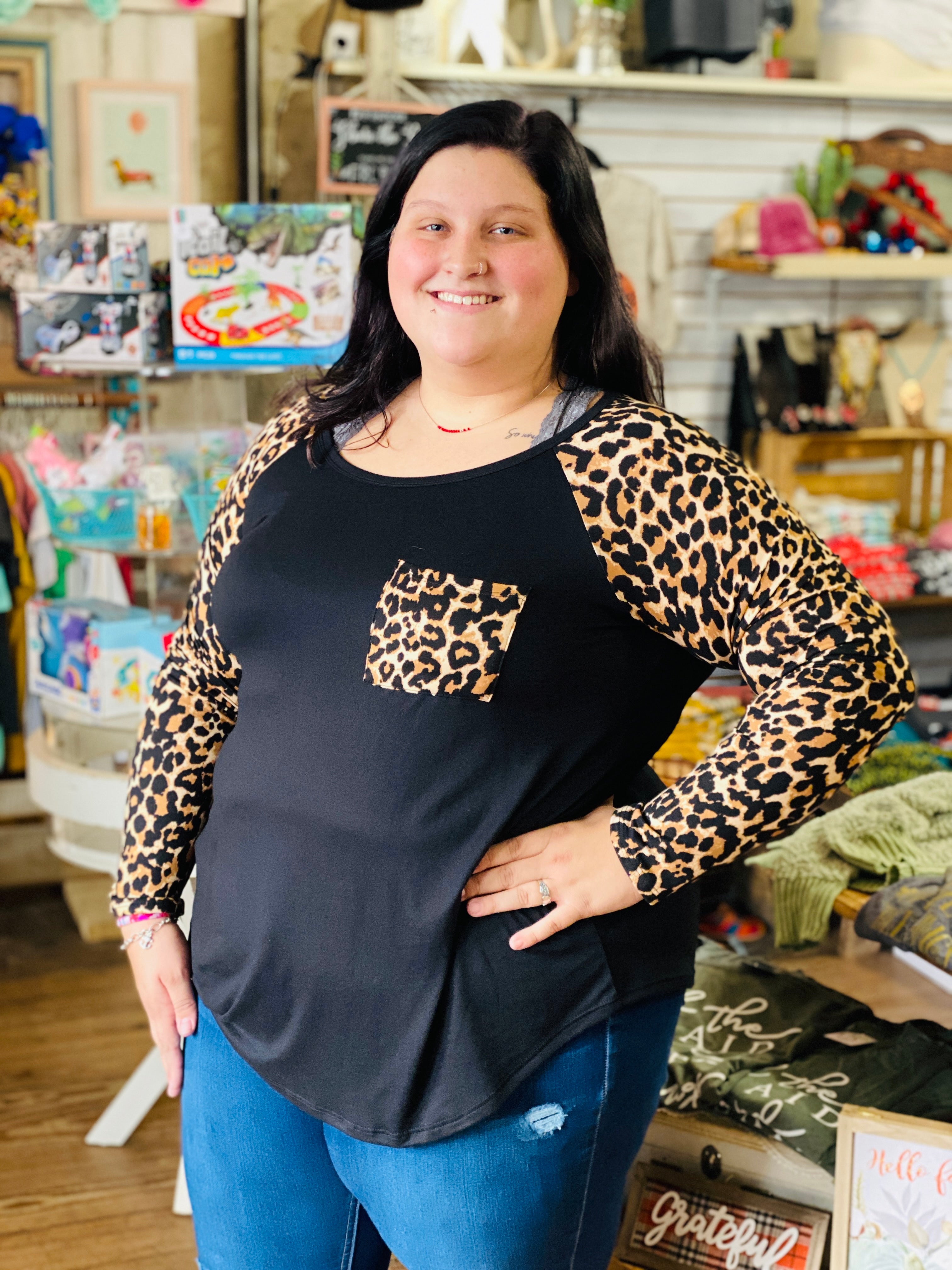 Can You Keep Up Leopard Front Pocket Long Sleeve Top
