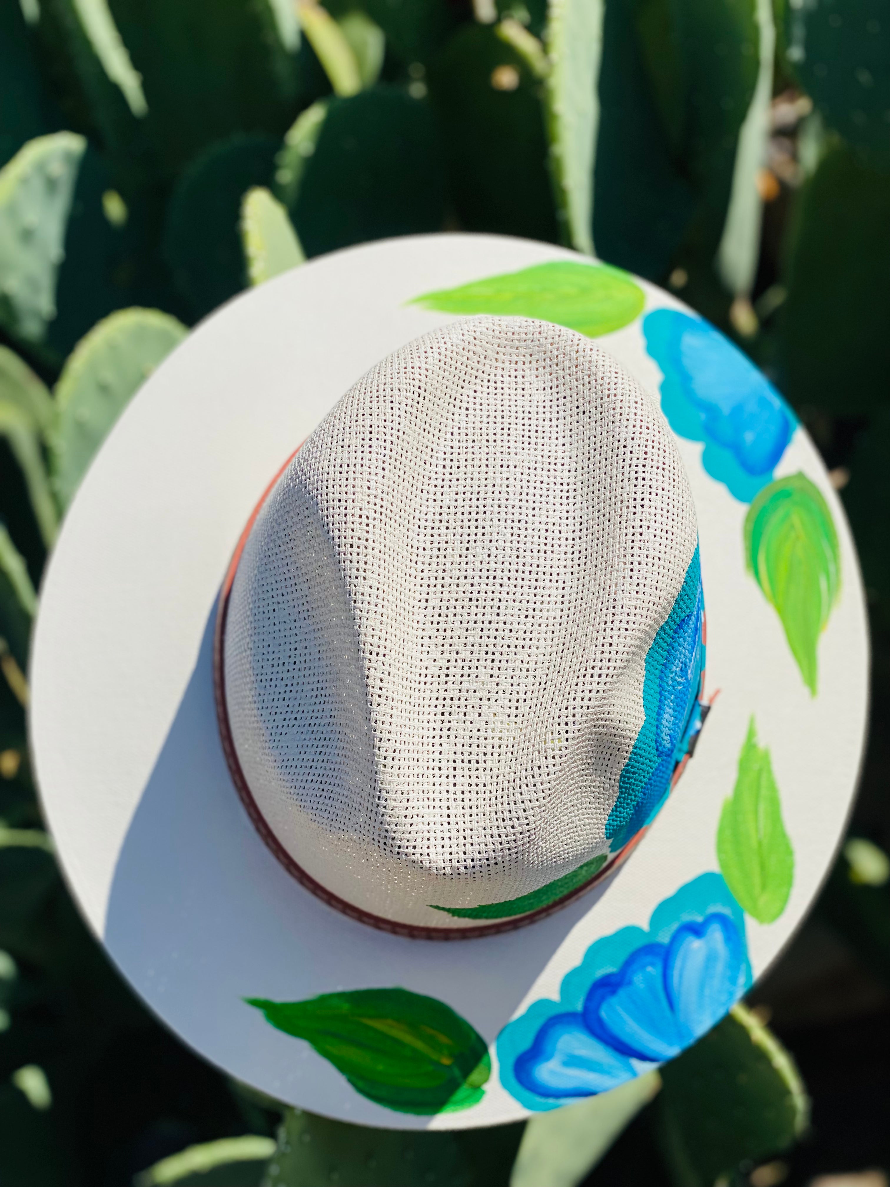 Blue & Teal Flowers White Hand Painted Hat