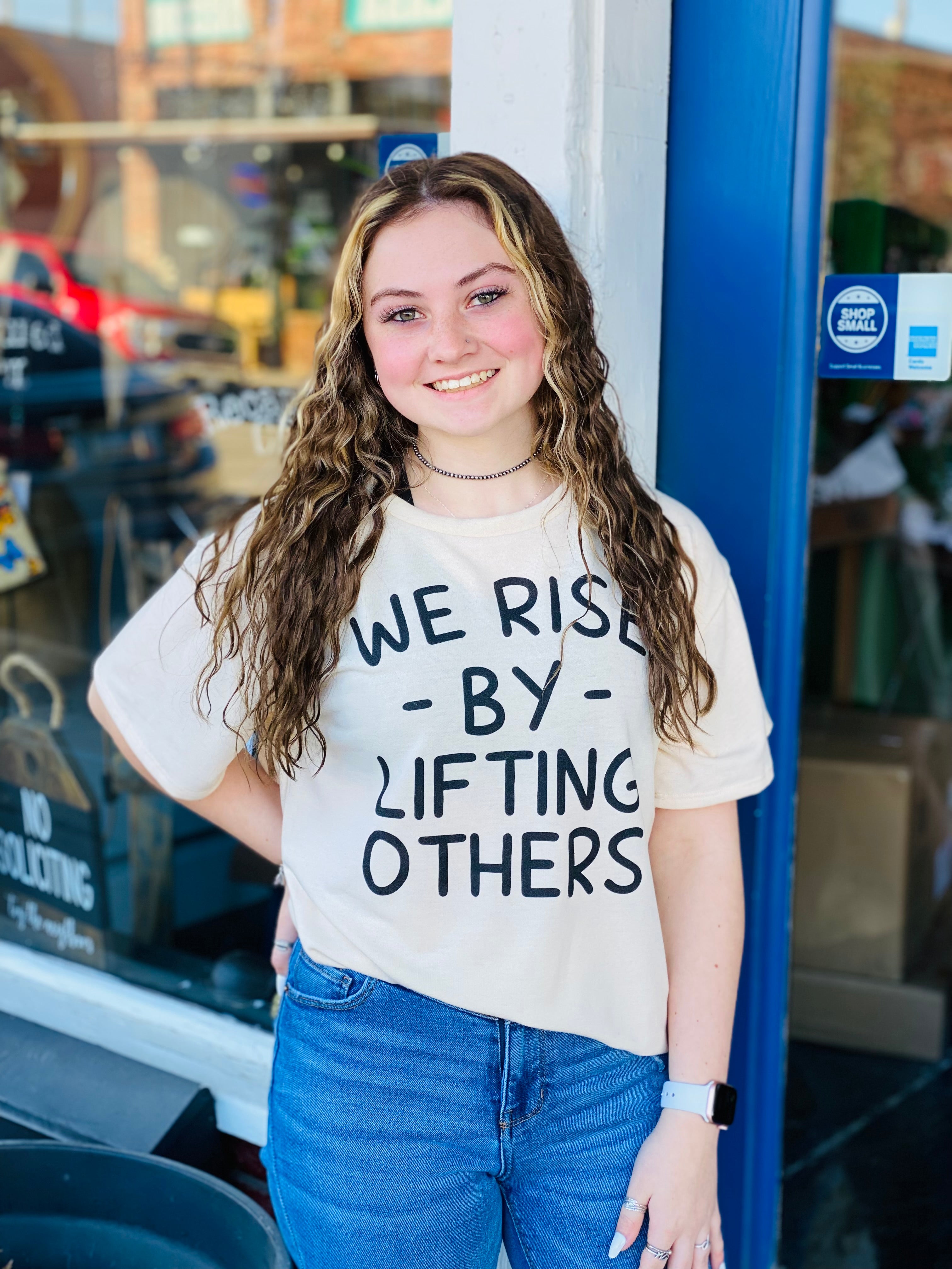We Rise By Lifting Others Tan Short Sleeve Top
