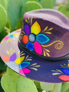Purple & Gold Colorful Flowers Hand Painted Hat