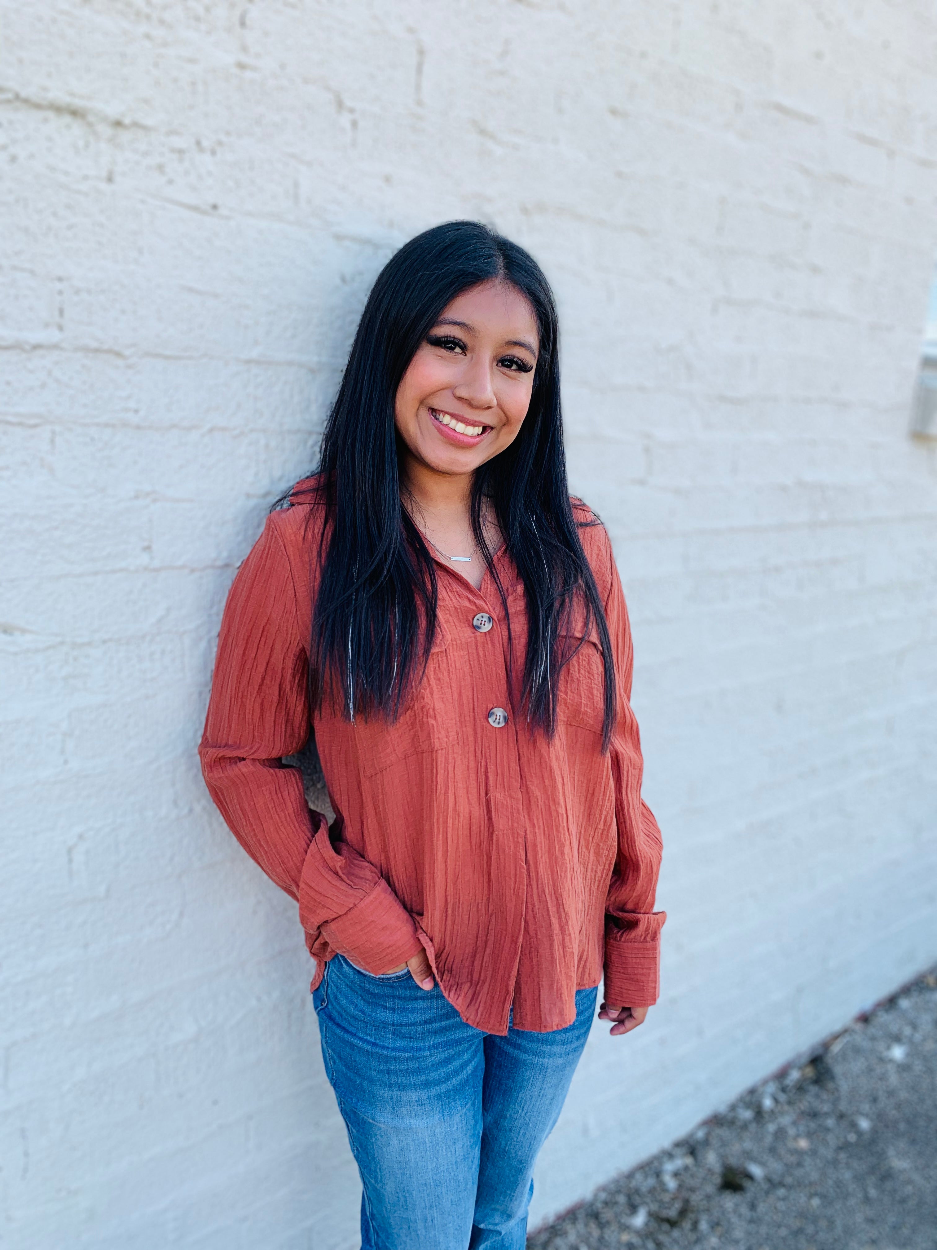 Shimmering Fall Rust Sheer Button Up Top