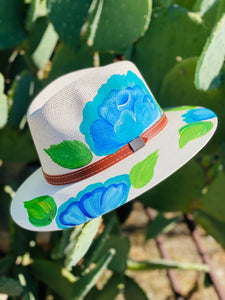 Blue & Teal Flowers White Hand Painted Hat