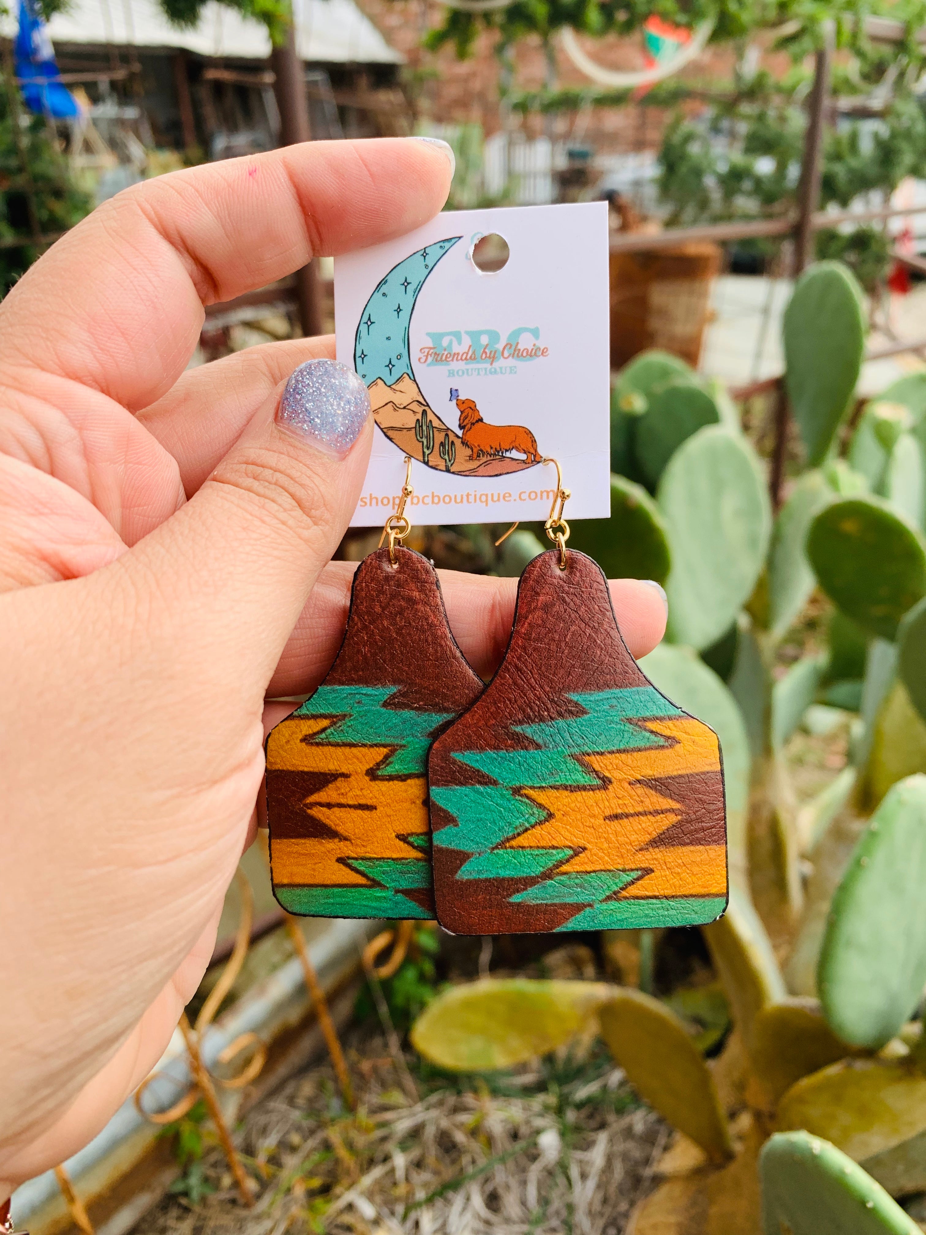 Desert Nights Mustard & Teal Aztec Leather Cow Tag Earrings