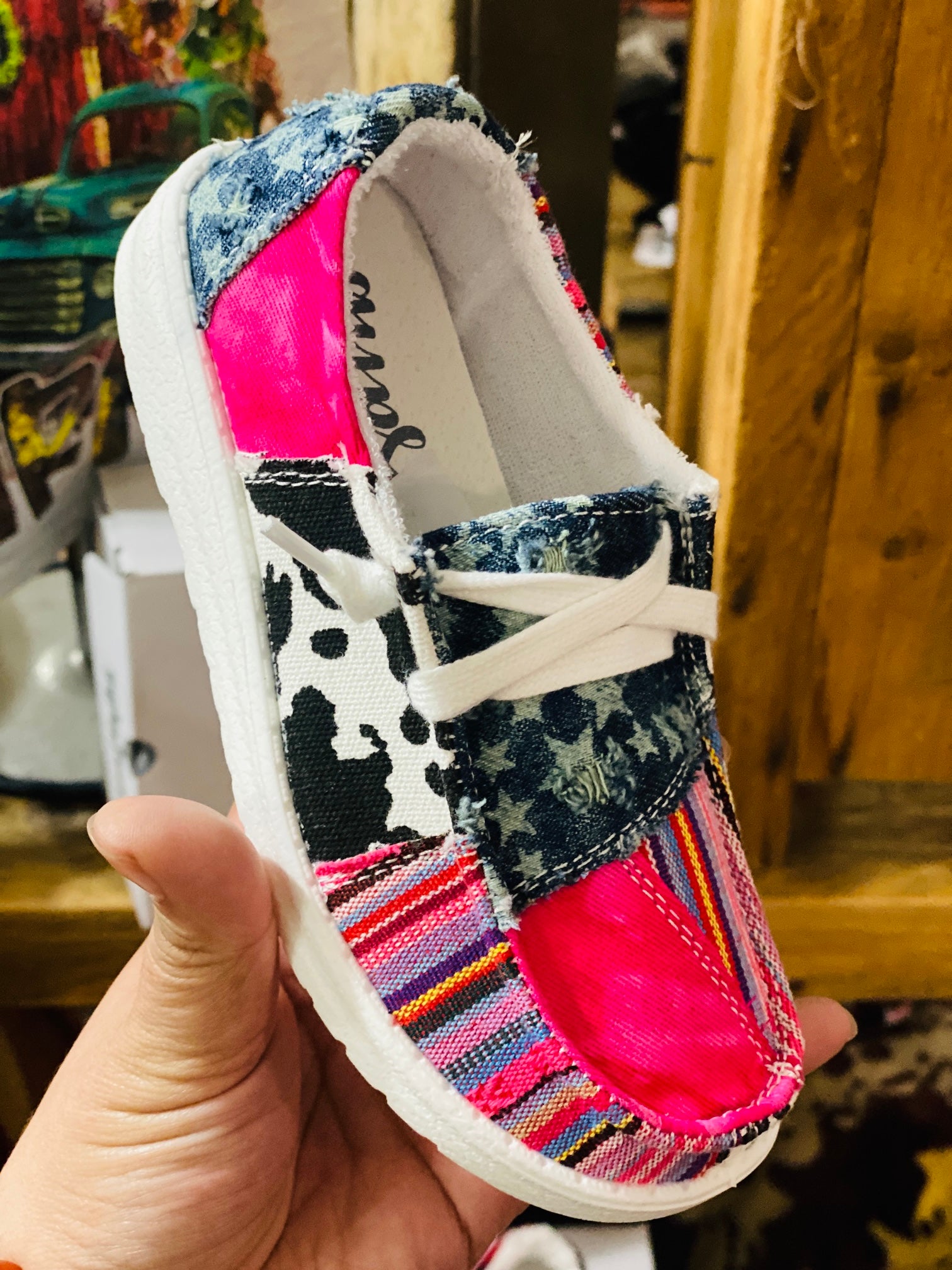 Kids Wild One Cow Print Patch Slip On Shoes