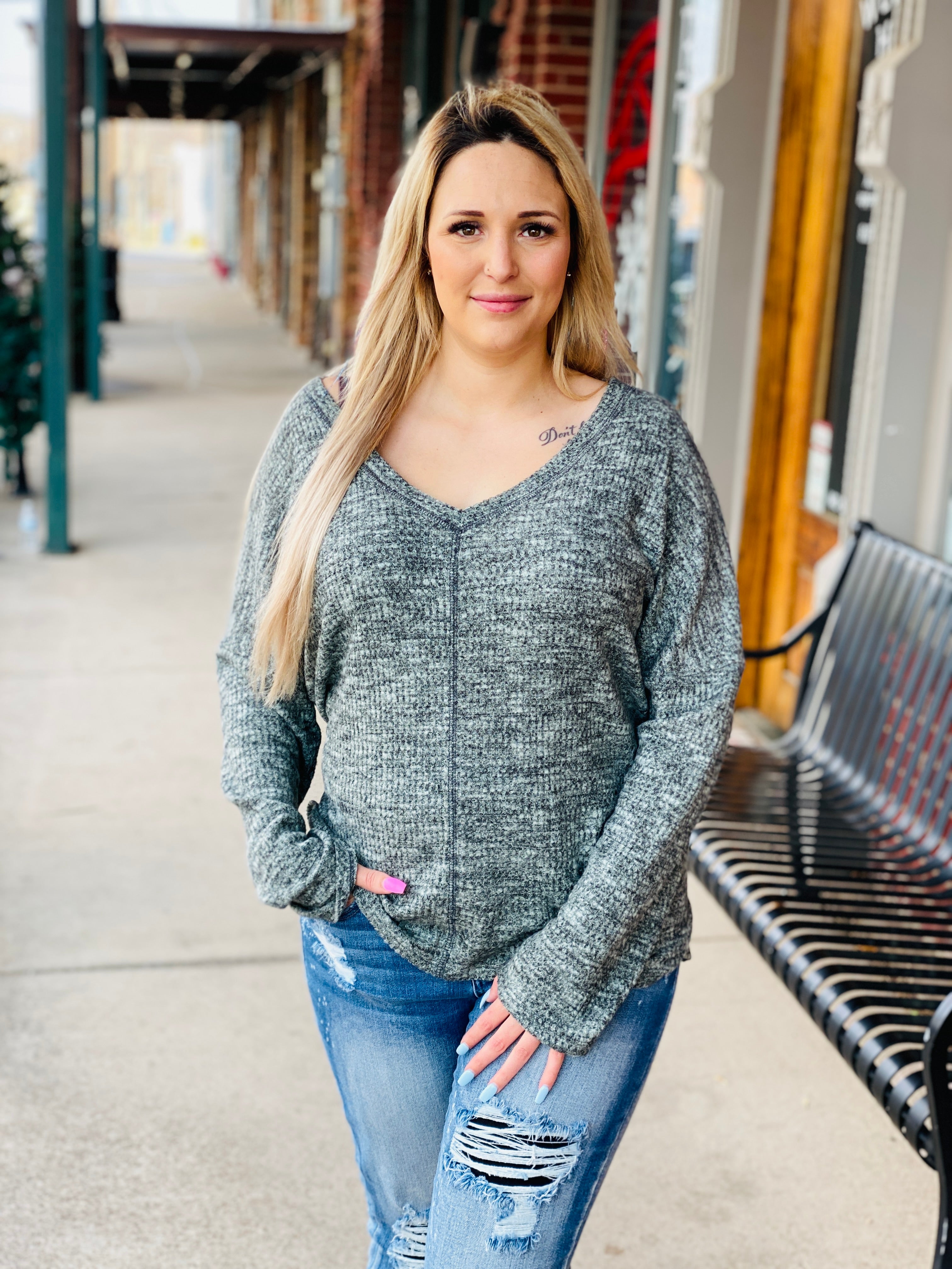 Keep It Coming Sage Long Sleeve V-Neck Top