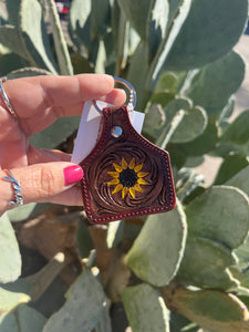 Sunny Side Up Sunflower Hand Painted Tooled Leather Key Chain