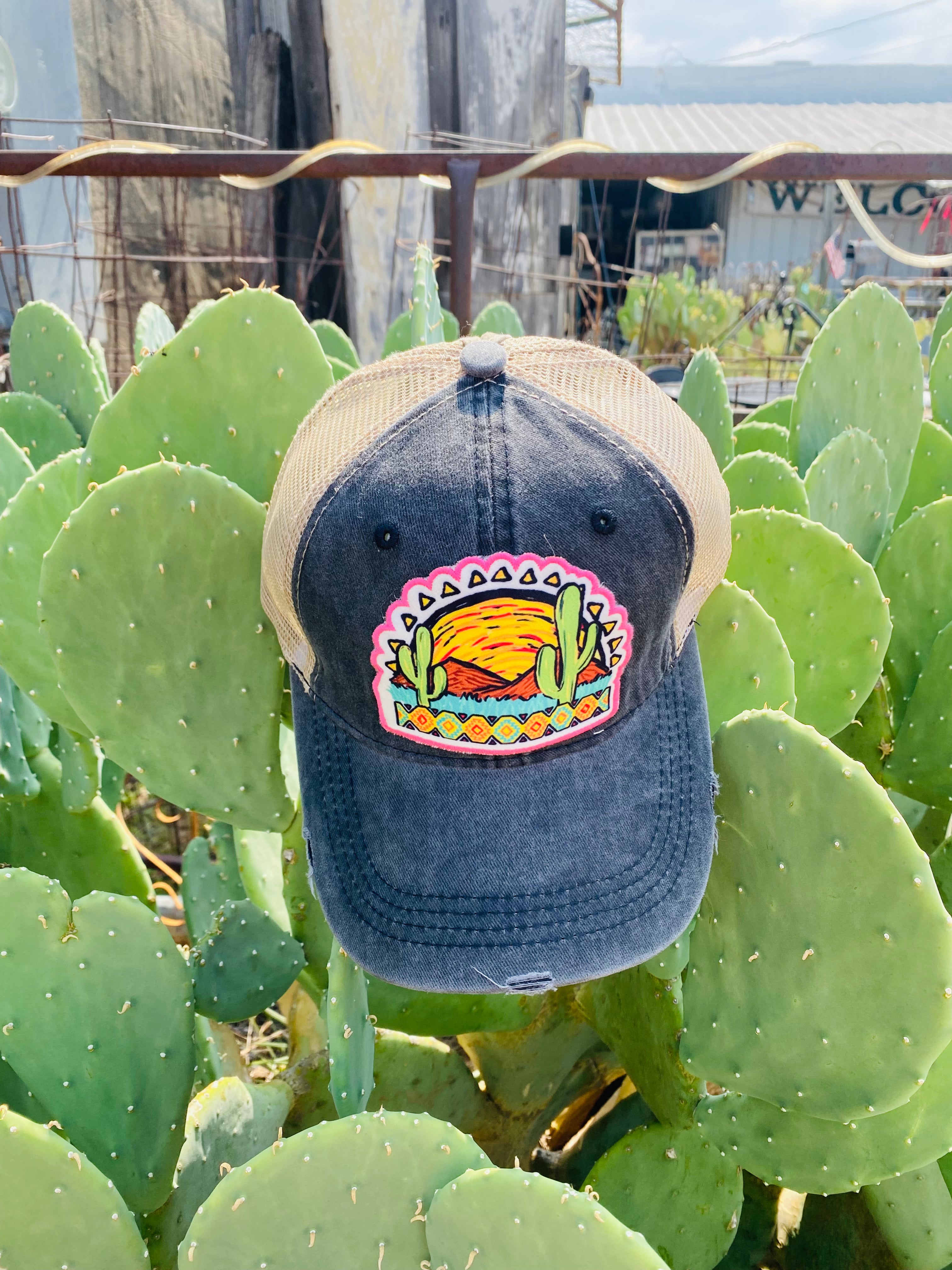 Cactus Sunset Mesh Back Ponytail Baseball Hat