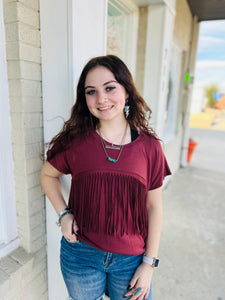 Until Tomorrow Maroon Fringe Scoop Neck Top