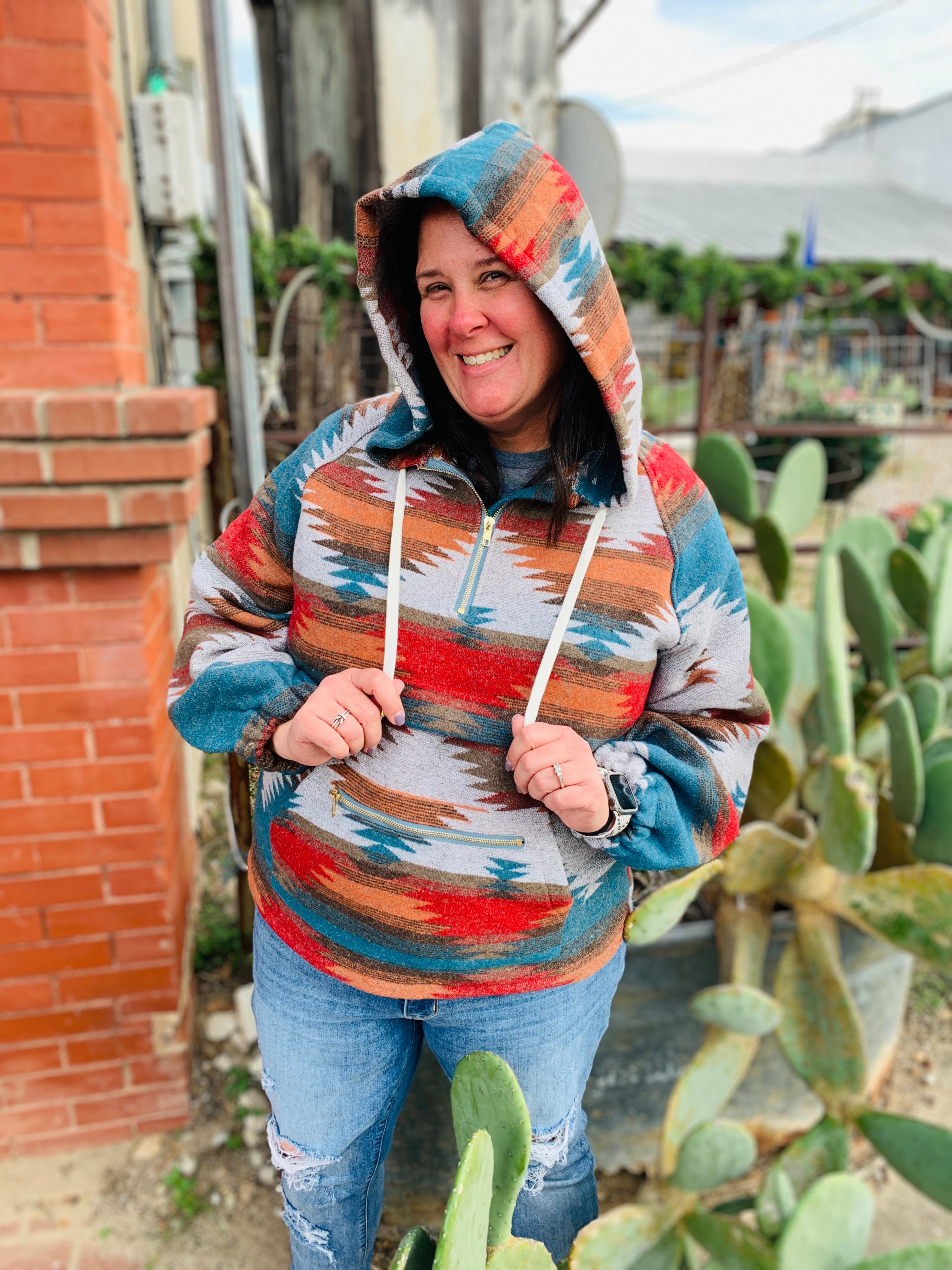Chasing Sunsets Teal Multi Aztec Hoodie Pullover