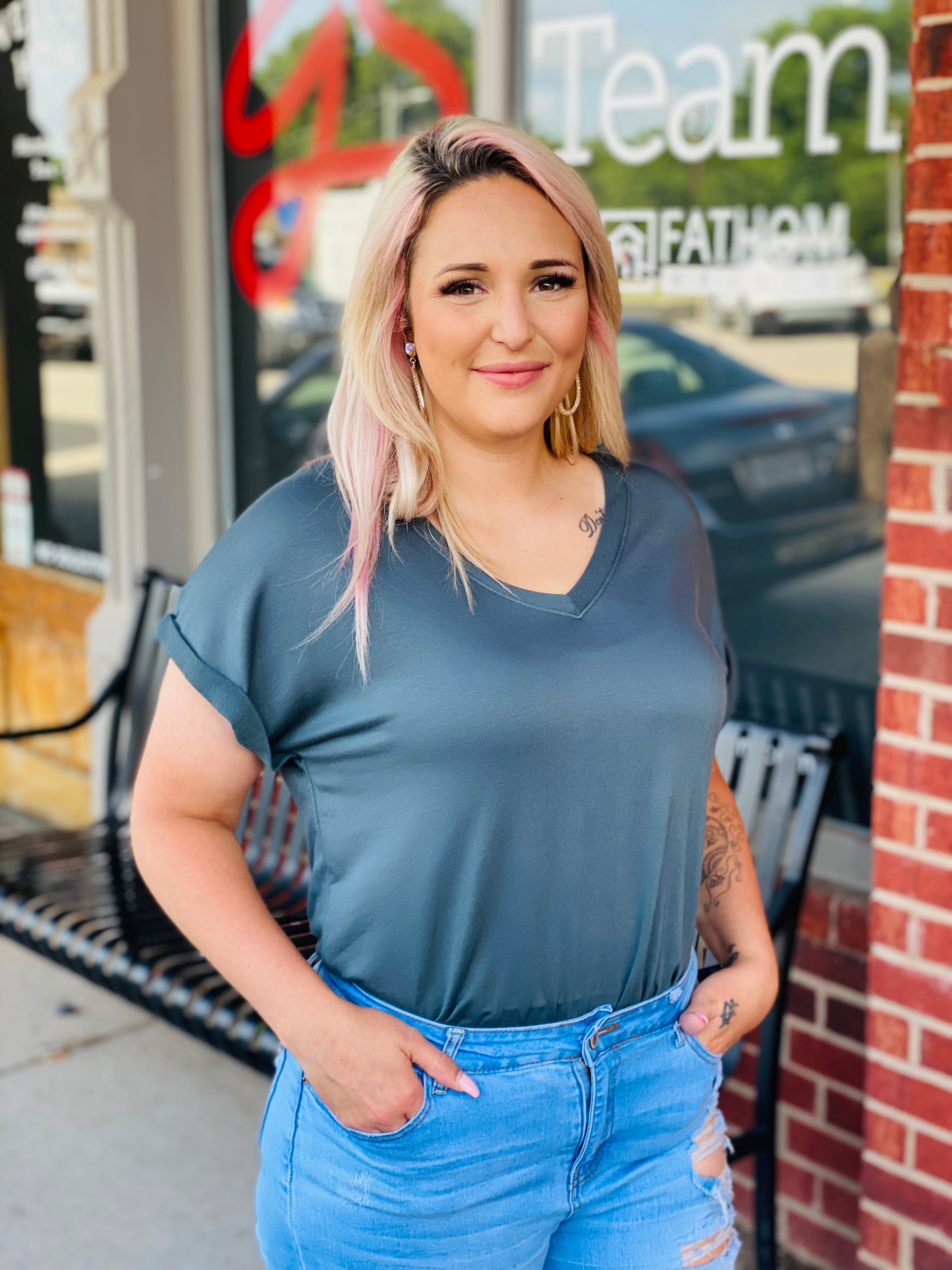 You Rock It Pecock V-Neck Short Sleeve Basic Bodysuit