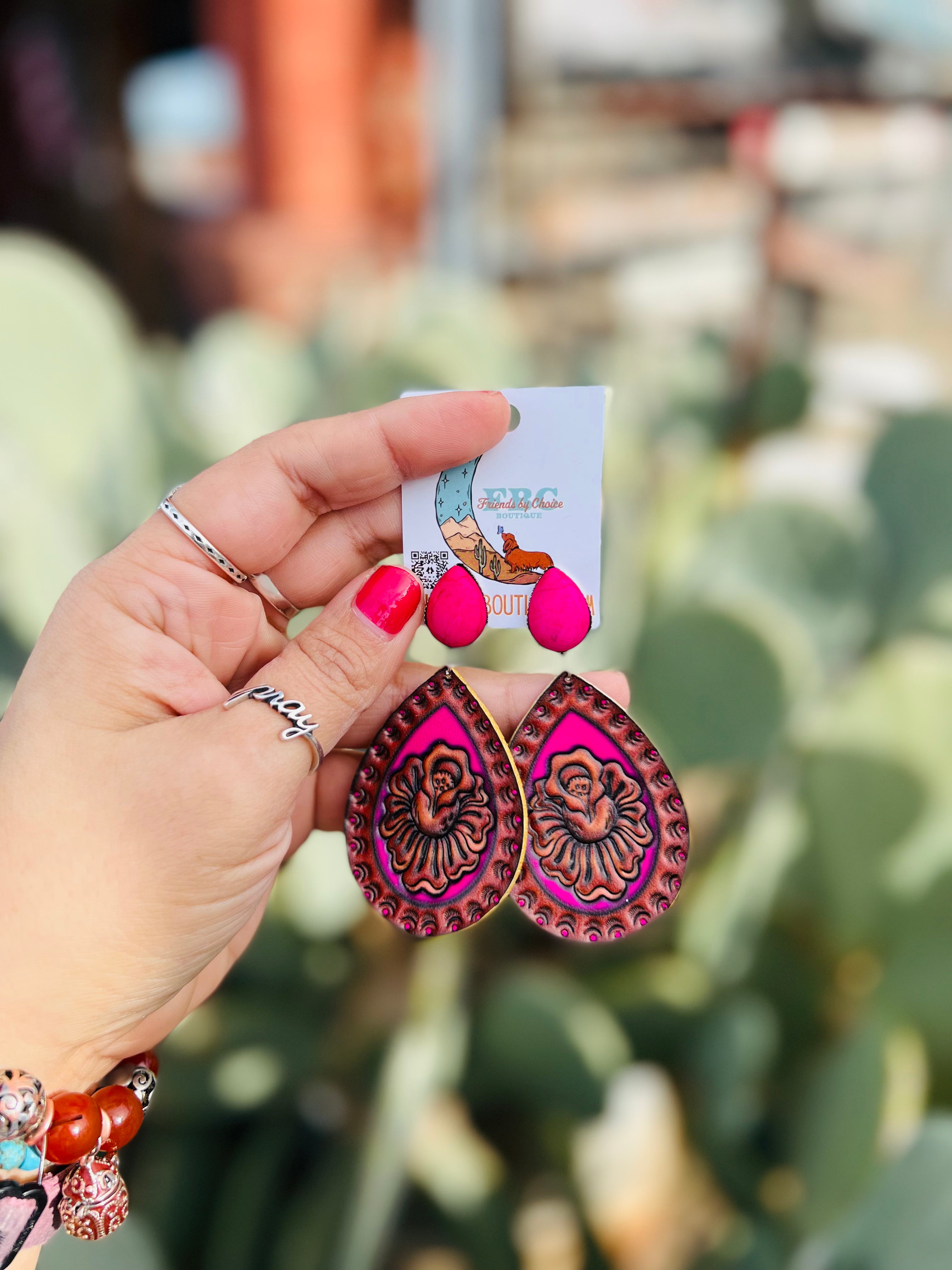 Seeing You Smile Pink Tooled Leather Post Drop Earrings