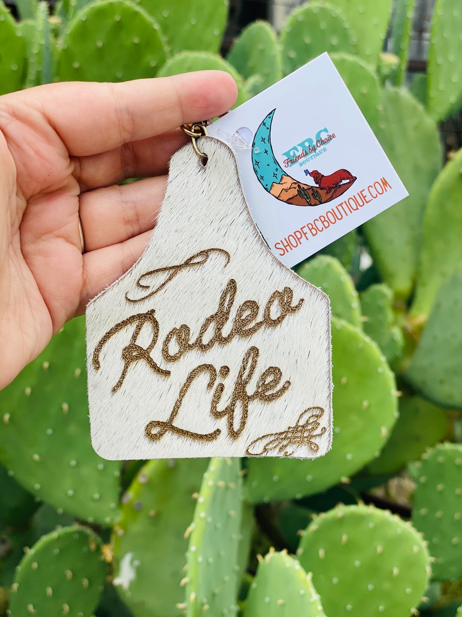 Rodeo Cream Cowhide Branded Leather Tag Keychain