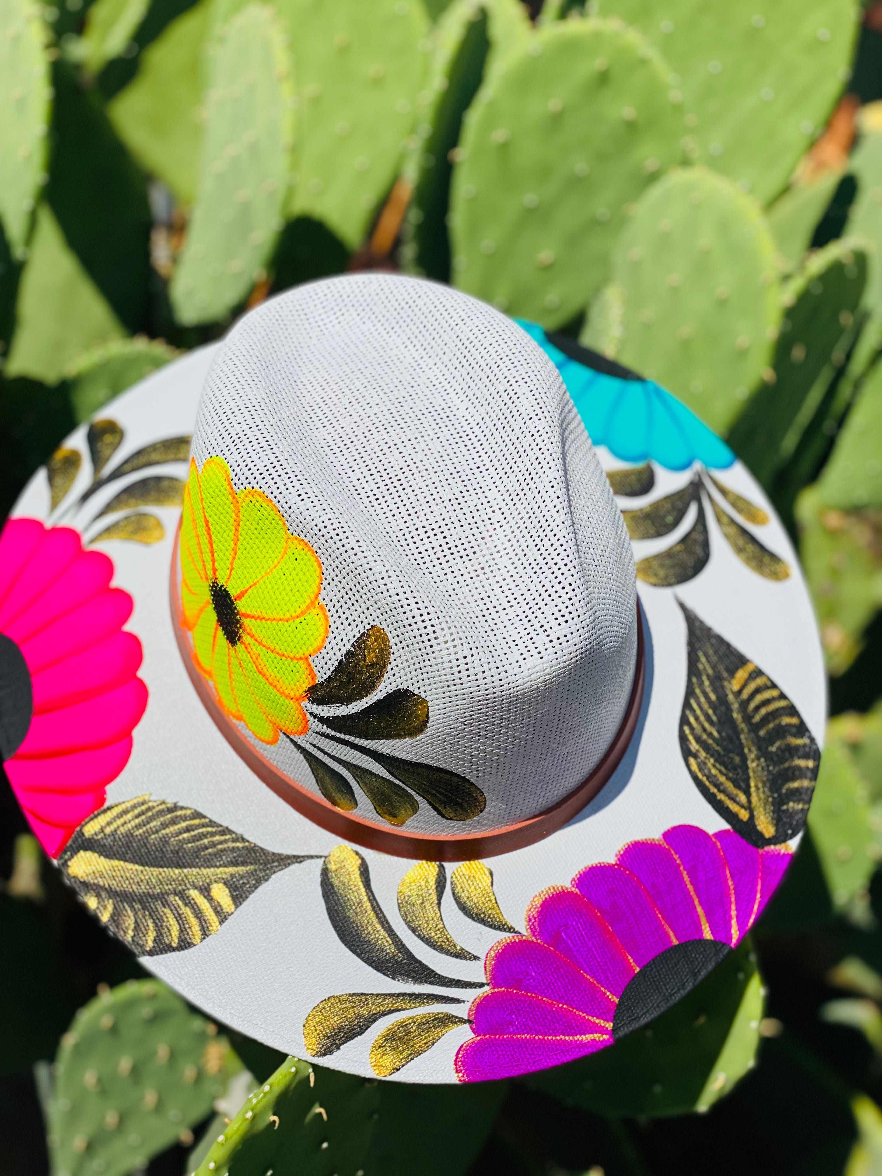 Colorful Flowers & Gold Detail Grey Hand Painted Hat