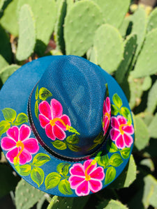 Pink Flowers Teal Hand Painted Hat