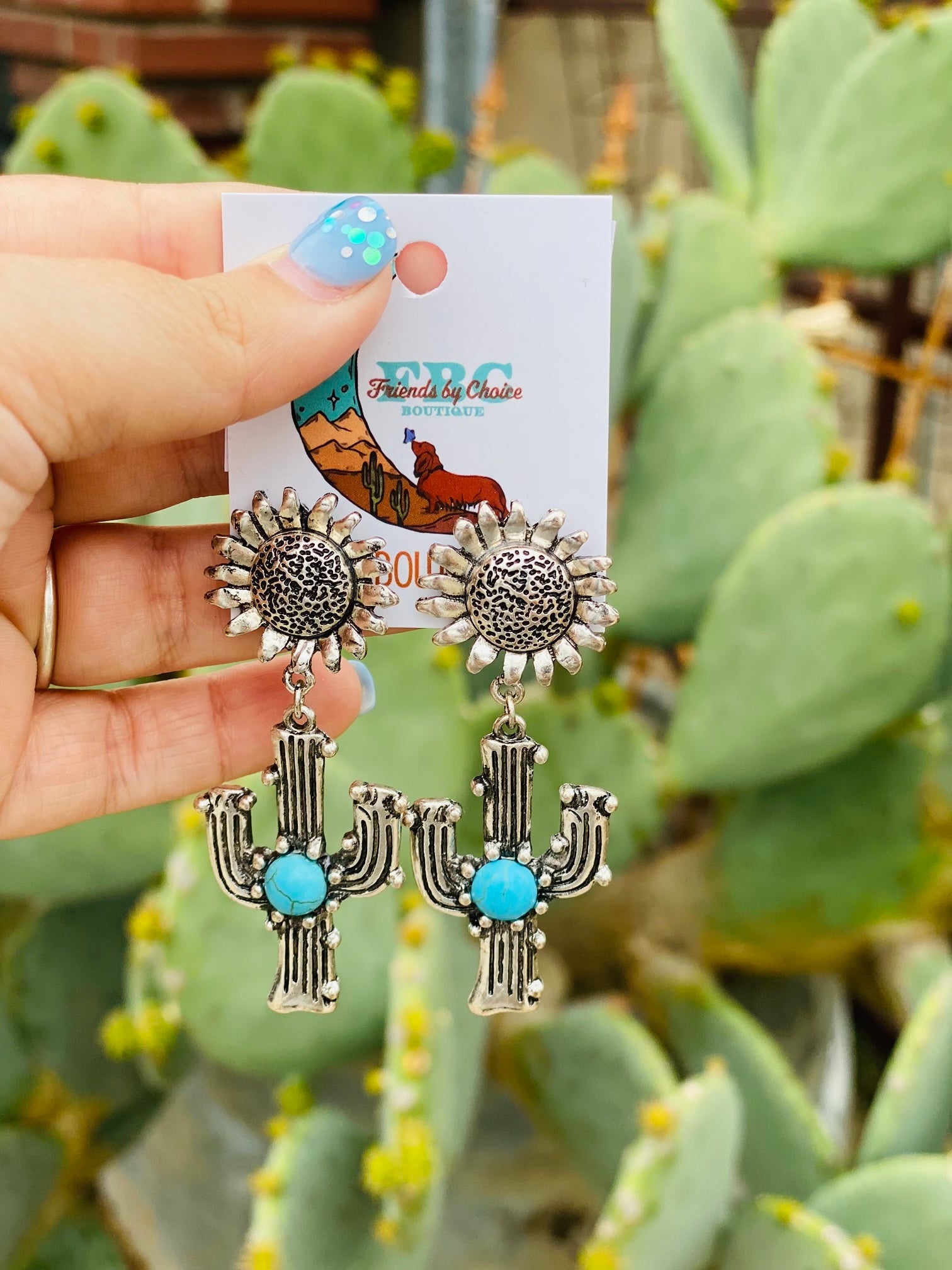 Wild Sunflower Turquoise Cactus Western Post Drop Earrings