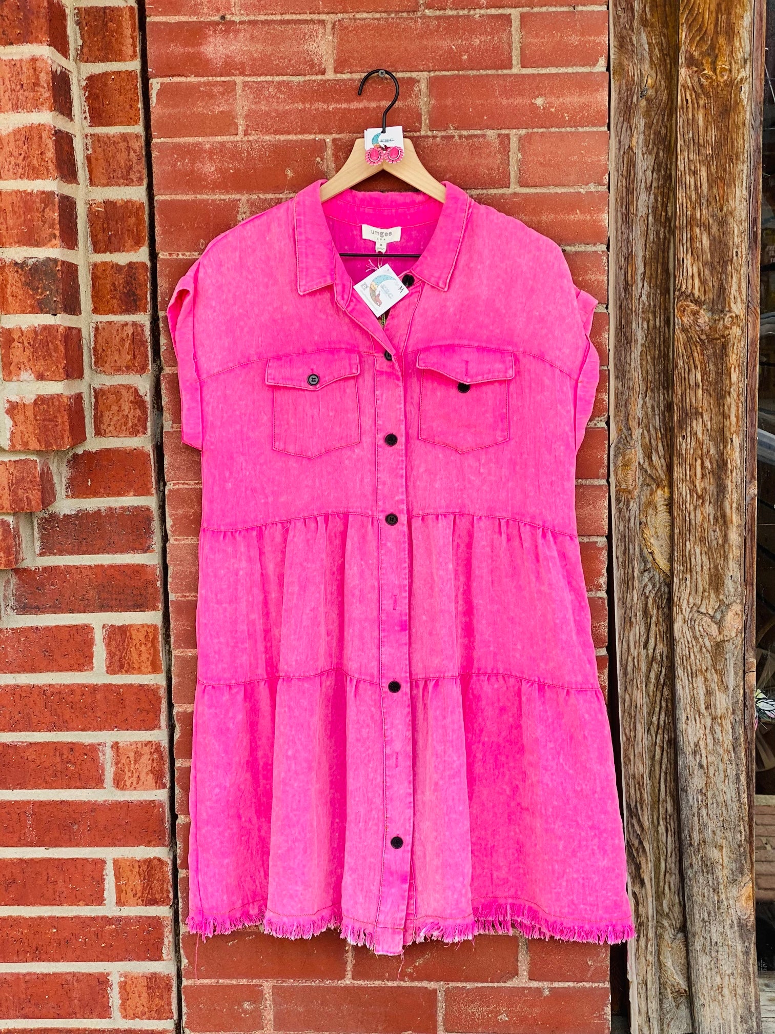 Pretty In Pink Ruffle Button Down Acid Wash Dress