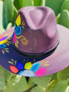 Purple & Gold Colorful Flowers Hand Painted Hat