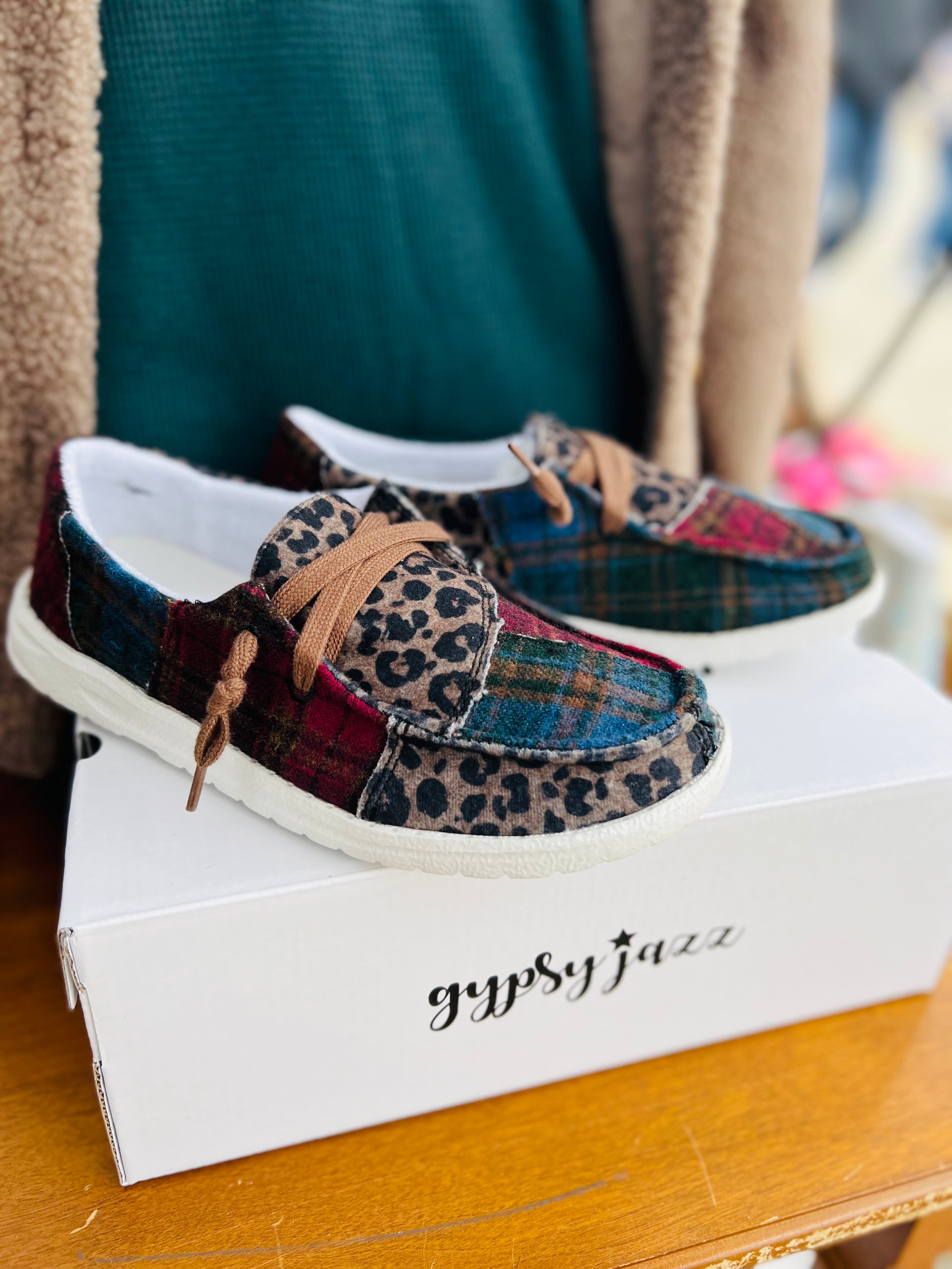 Electric Gypsy Jazz Leopard & Green Plaid Patchwork Slip On Shoes