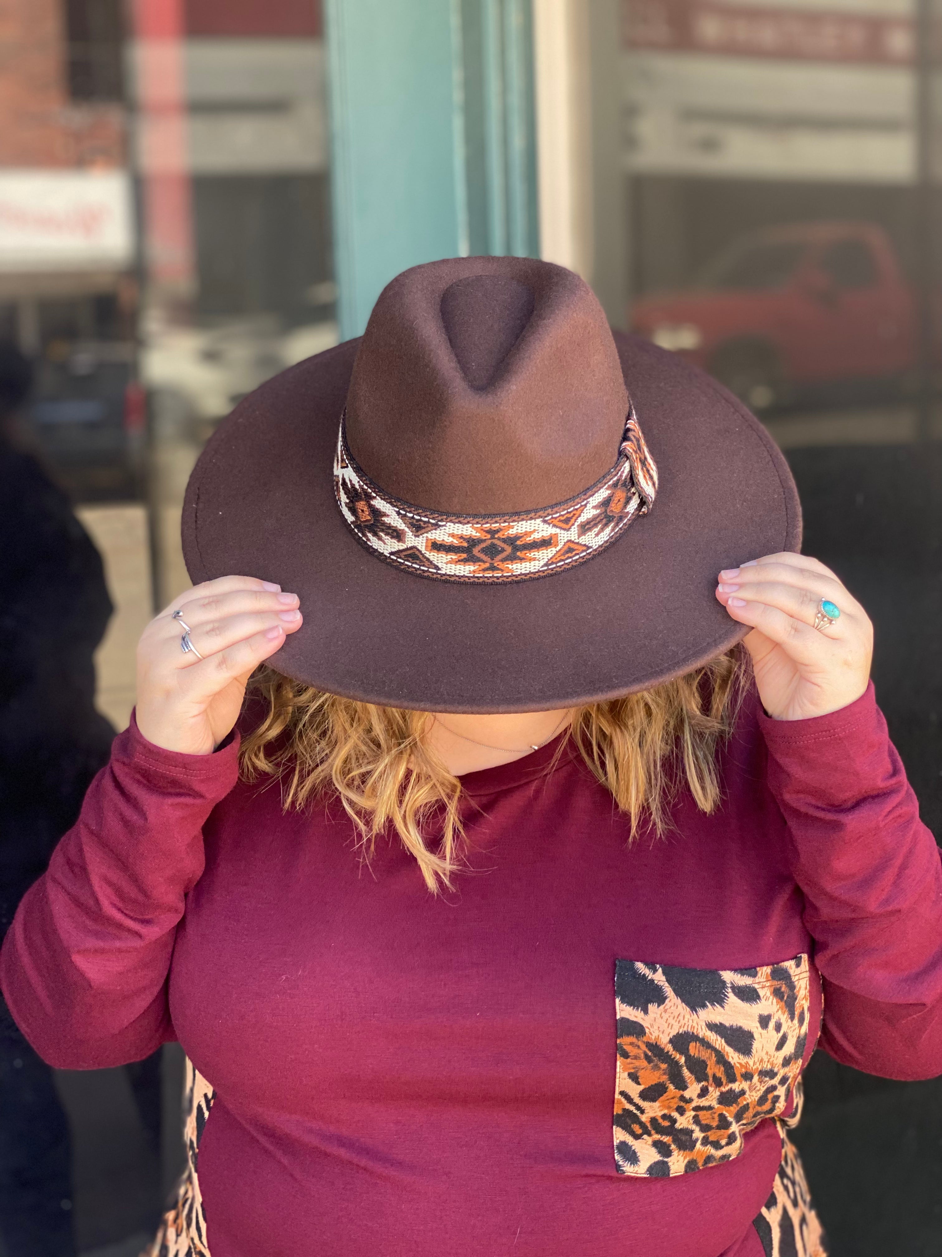 Hats Off To You Chocolate Brown Aztec Trim Fedora Hat