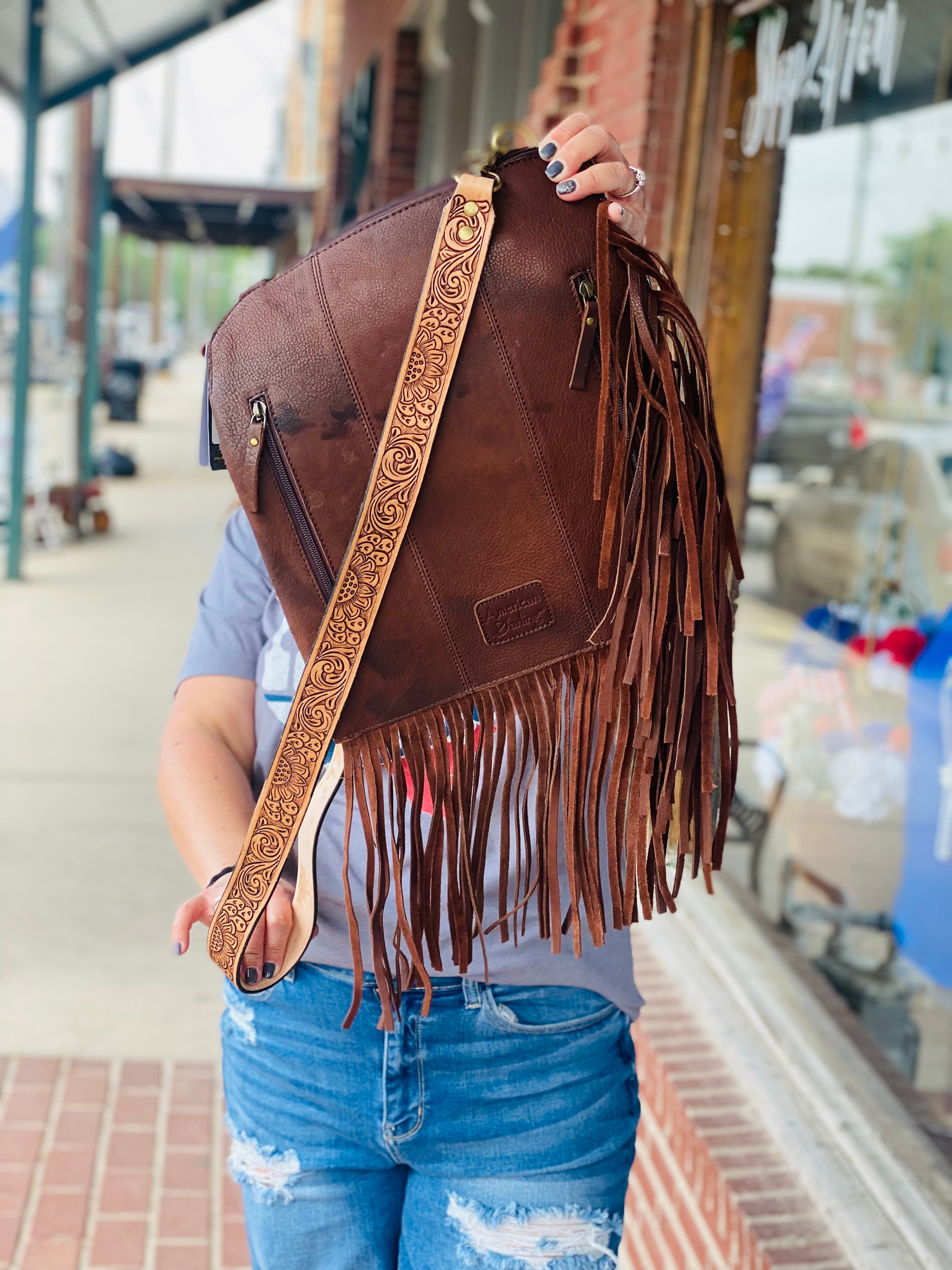 American Darling Brown and White Fringe Cross Body Purse