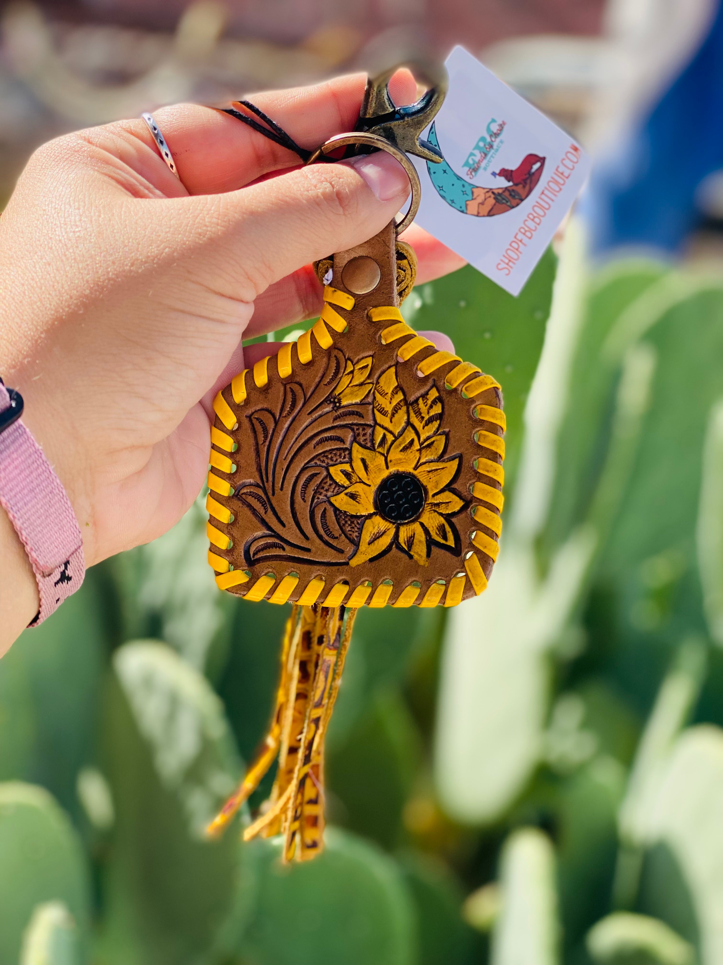 Sunny Disposition Tooled Sunflower Leather Fringe Myra Bags Key Chain