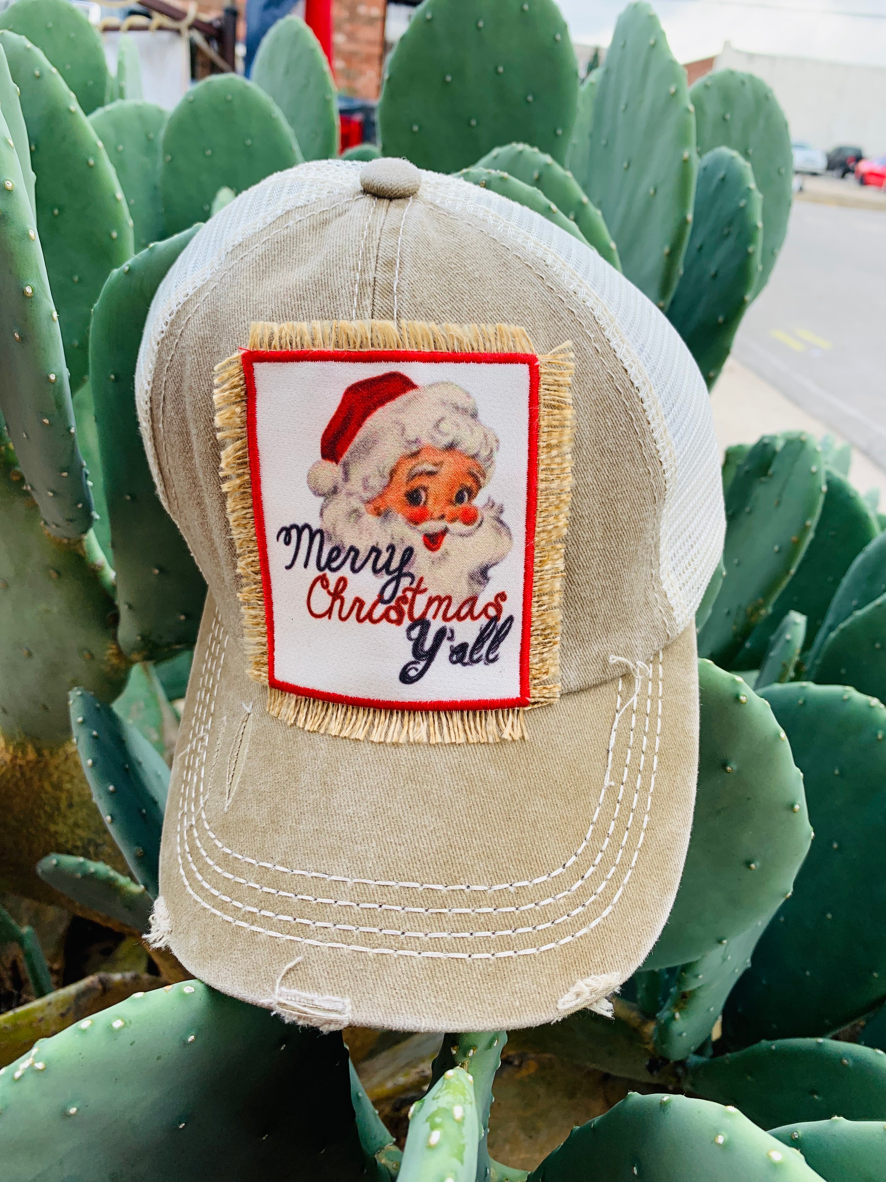 Merry Christmas Y'all Vintage Santa Patch Tan Mesh Back Christmas Hat