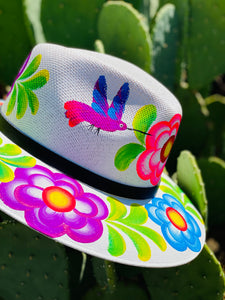 Purple Hummingbird Colorful Flowers White Hand Painted Hat