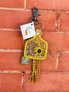 Sunny Disposition Tooled Sunflower Leather Fringe Myra Bags Key Chain