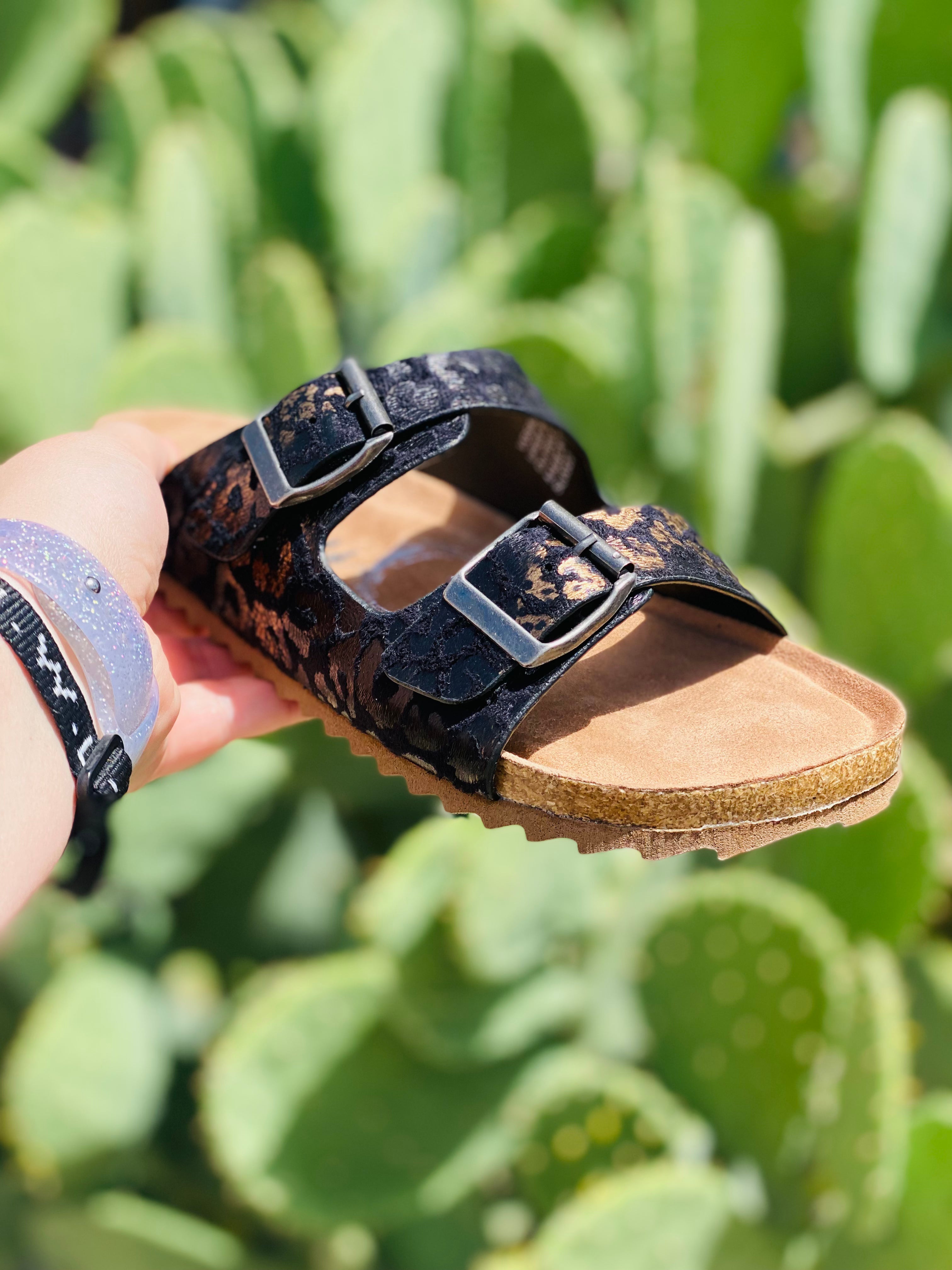 Black & Gold Leopard Aries Very G Buckle Sandals