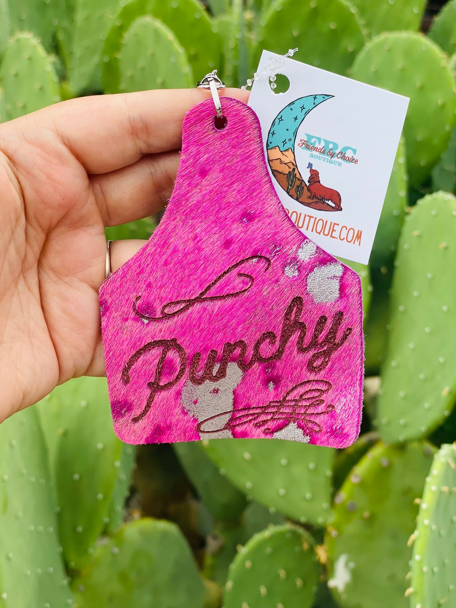 Punchy Pink Foil Leather Tag Keychain