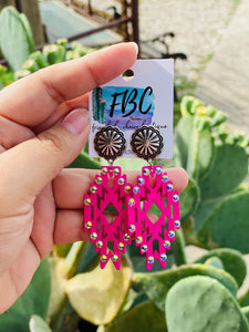 Backwoods Barbie Pink Rhinestone Concho Aztec Earrings