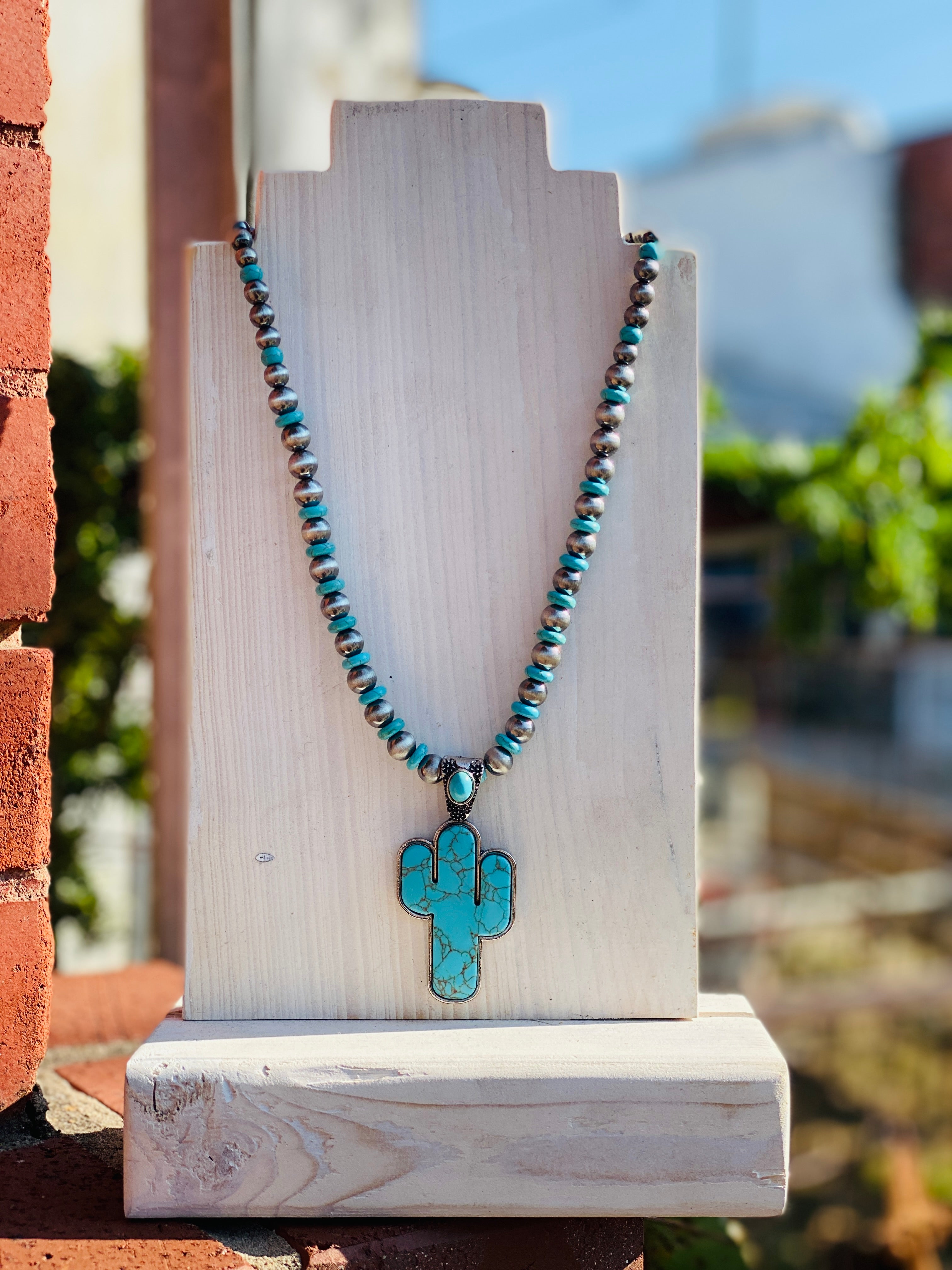 Desert Wild Turquoise Cactus Navajo Pearls Necklace
