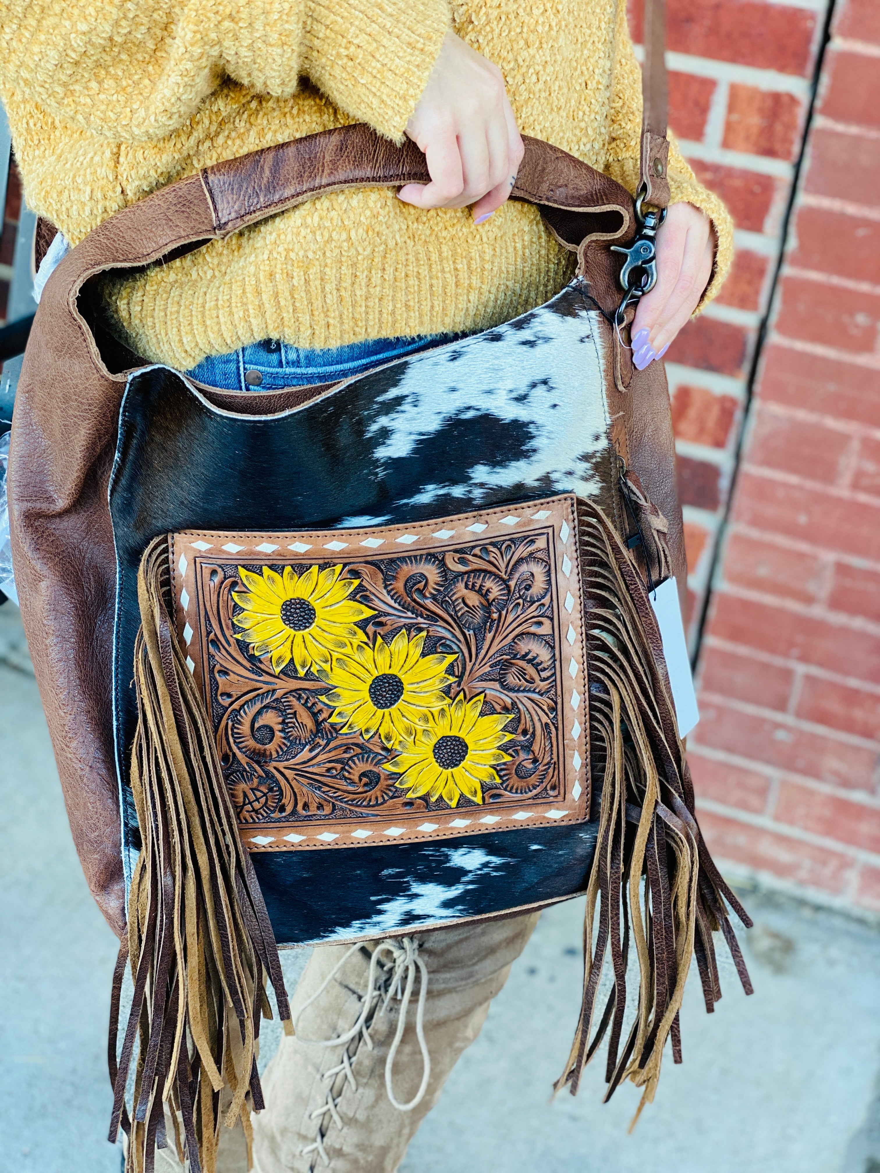 On The Bright Side Hand Tooled Painted Genuine Leather Cowhide Purse