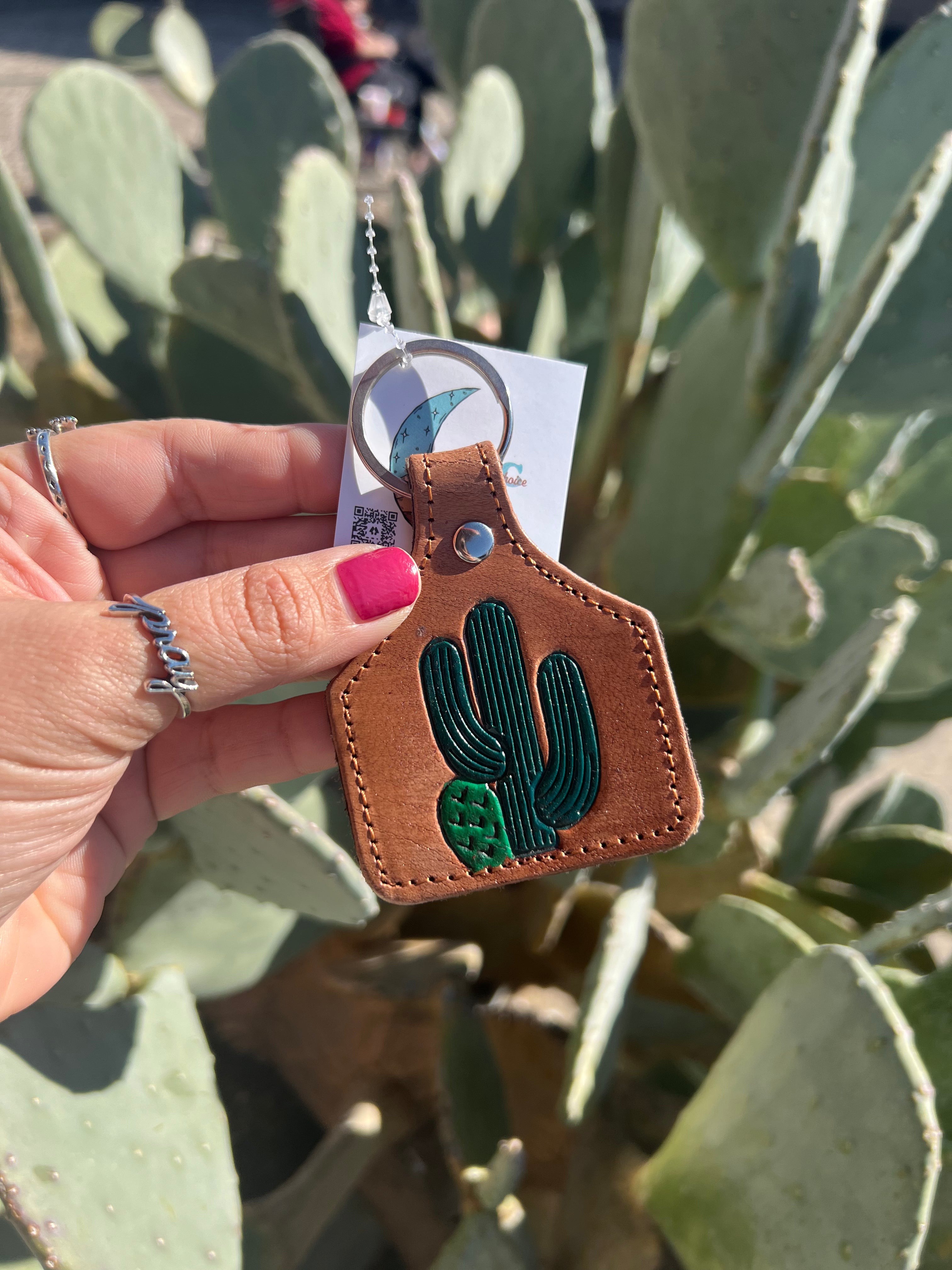 Free Hugs Cactus Hand Painted Tooled Leather Key Chain