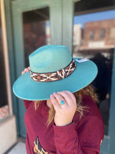 Hats Off To You Teal Aztec Trim Fedora Hat