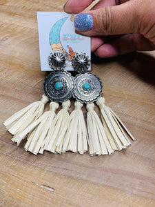 Wild West Cowgirl Concho Cream Tassel Earrings