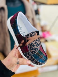 Electric Gypsy Jazz Leopard & Green Plaid Patchwork Slip On Shoes